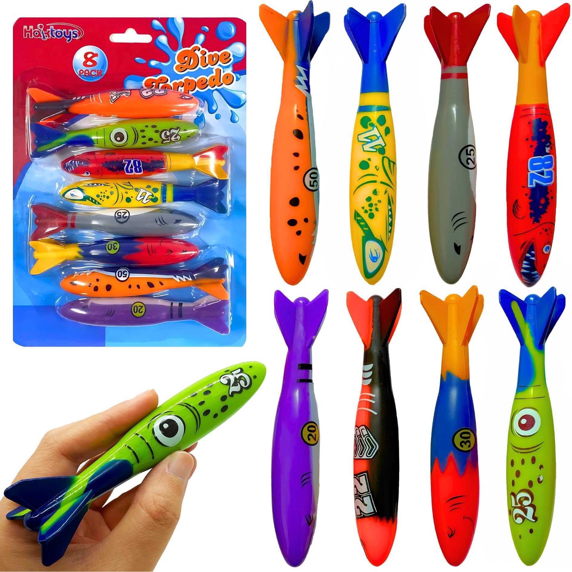 Haktoys 8-Pack Diving Torpedo Pool Toys – Underwater Gliding Swim Toys for Kids & Adults | Shark Torpedo Dive Toys for Swimming Training, Pool Games & Summer Fun – Perfect for Backyard Pools, Beach Trips & Water Sports Activities