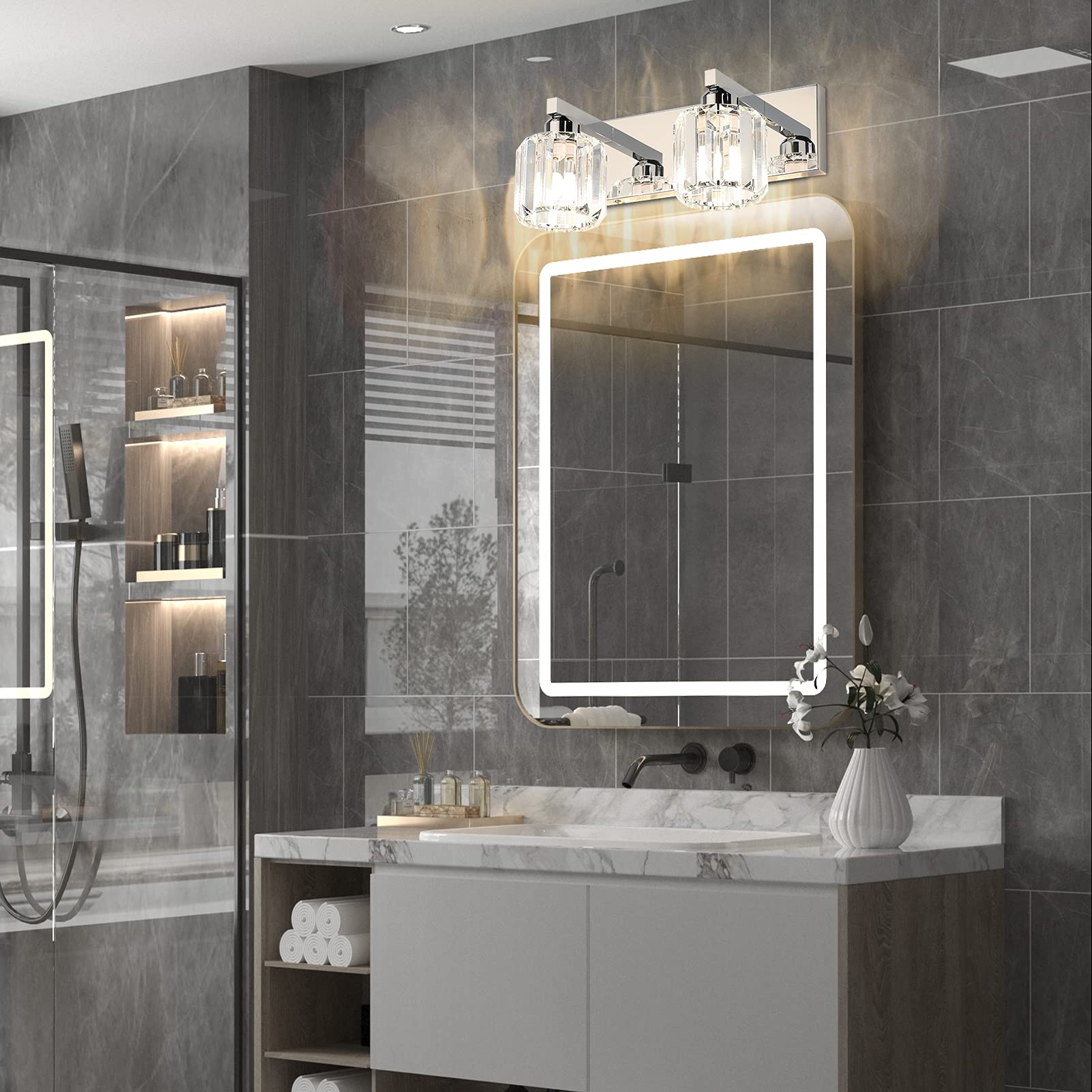 Crystal Vanity Lights for Bathroom - 2-Light Stainless Steel Fixture (No Bulb) - Perfect for Modern Bathroom Makeover
