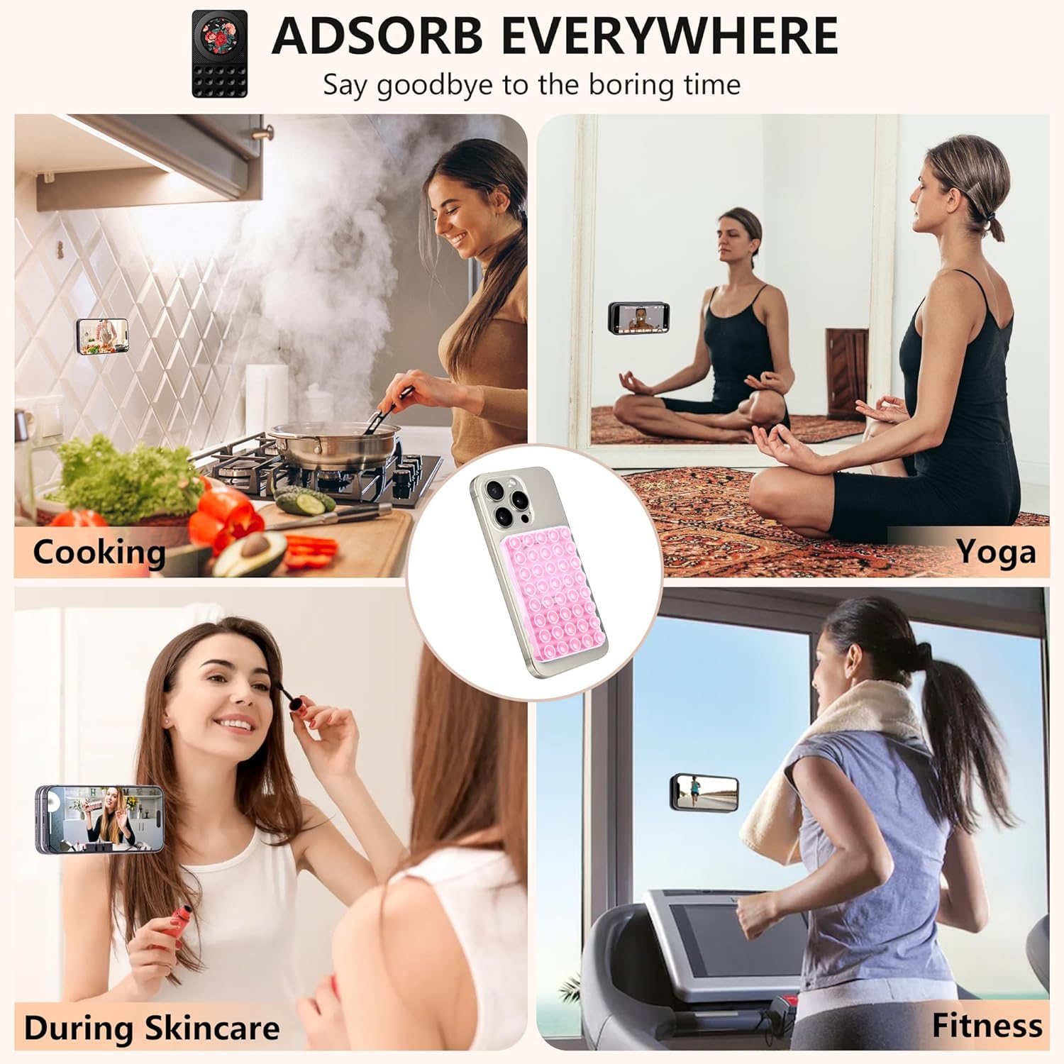 Non-Slip Silicone Suction Cup Phone Holder - Universal Fit for All Smartphone Models, Hands-Free Car Mount & Selfie Stick for Videos, Calls & GPS Navigation - Pink Phone Sticker for Dashboard, Bathroom Mirror & Office Desk Use