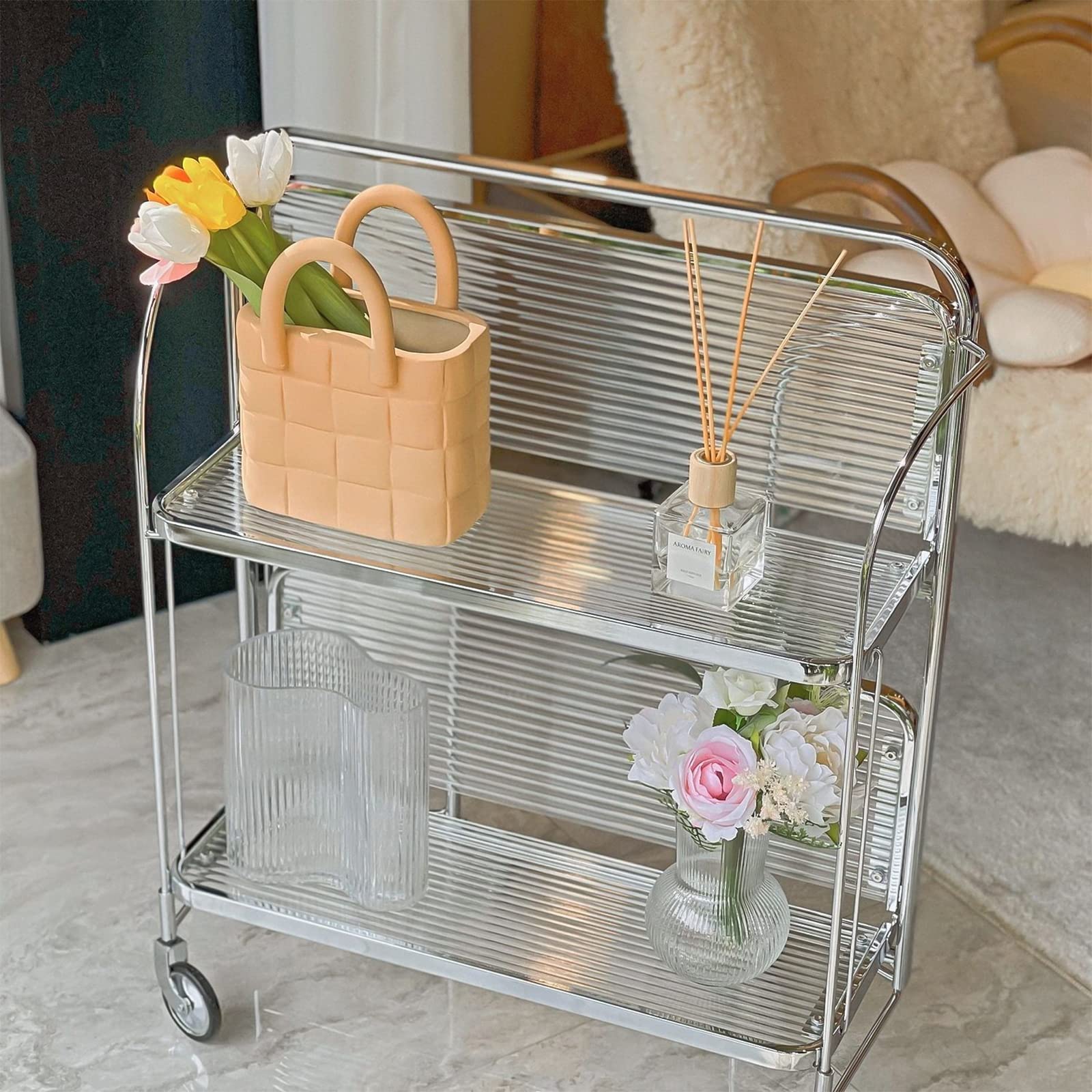 2-Tier Foldable Clear Glass Bar Cart with Chrome Wheels - Heavy Duty Rolling Serving Cart for Wine, Kitchen & Home Use | Perfect for Parties, Dining & Commercial Spaces