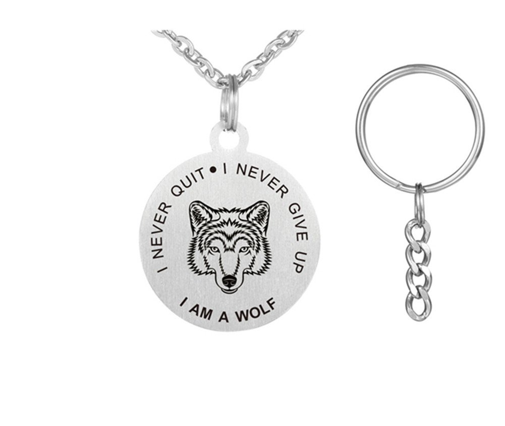 Personalized Stainless Steel Nameplate Necklace for Men - Custom Engraved Inspirational Quote Keychain Pendant Gift for Boyfriend, Son, Dad | Free Engraving | Wolf Design | Perfect for Birthdays, Anniversaries & Father's Day
