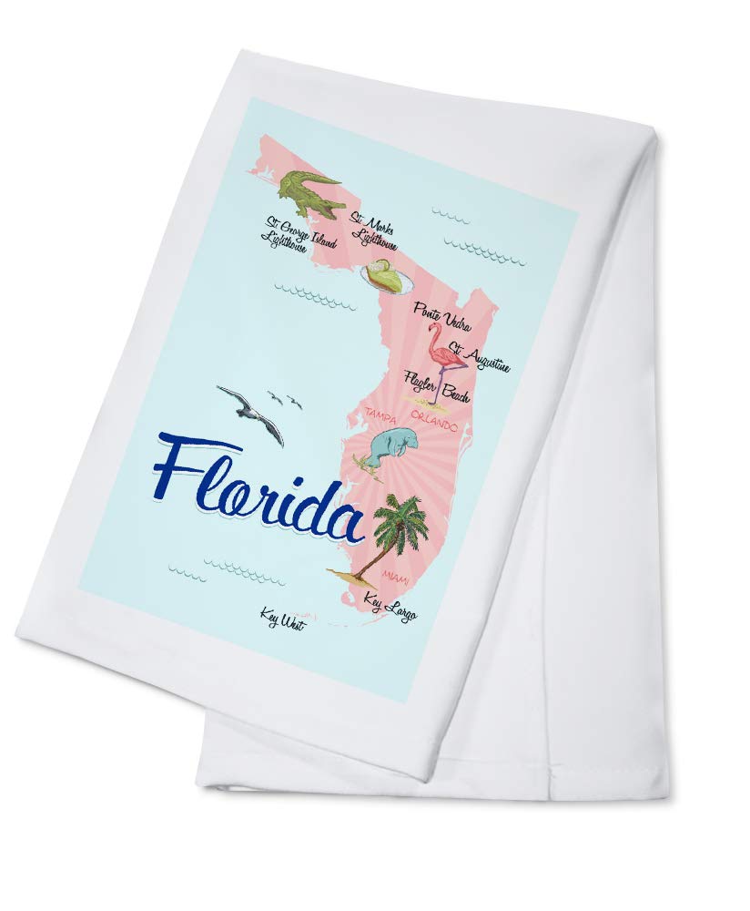 Florida Themed Cotton Tea Towel - Pink and Blue Typography & Icons - 100% Cotton Decorative Hand Towel for Kitchen, Bathroom & Home Decor - Perfect for Gifts, Dish Drying and Coastal Style Decor