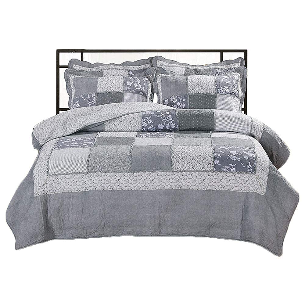 Queen Size 3-Piece Quilted Bedspread Set - Reversible Cotton Coverlet with Pillowcases for Cozy Bedroom