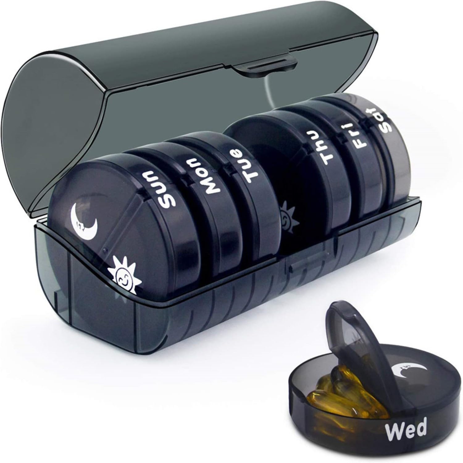 7-Day Pill Organizer with AM/PM Compartments - Round Moisture-Proof Medicine Dispenser Box for Daily Vitamin & Medication Storage (Black) | Perfect for Travel, Home Use & Elderly Care