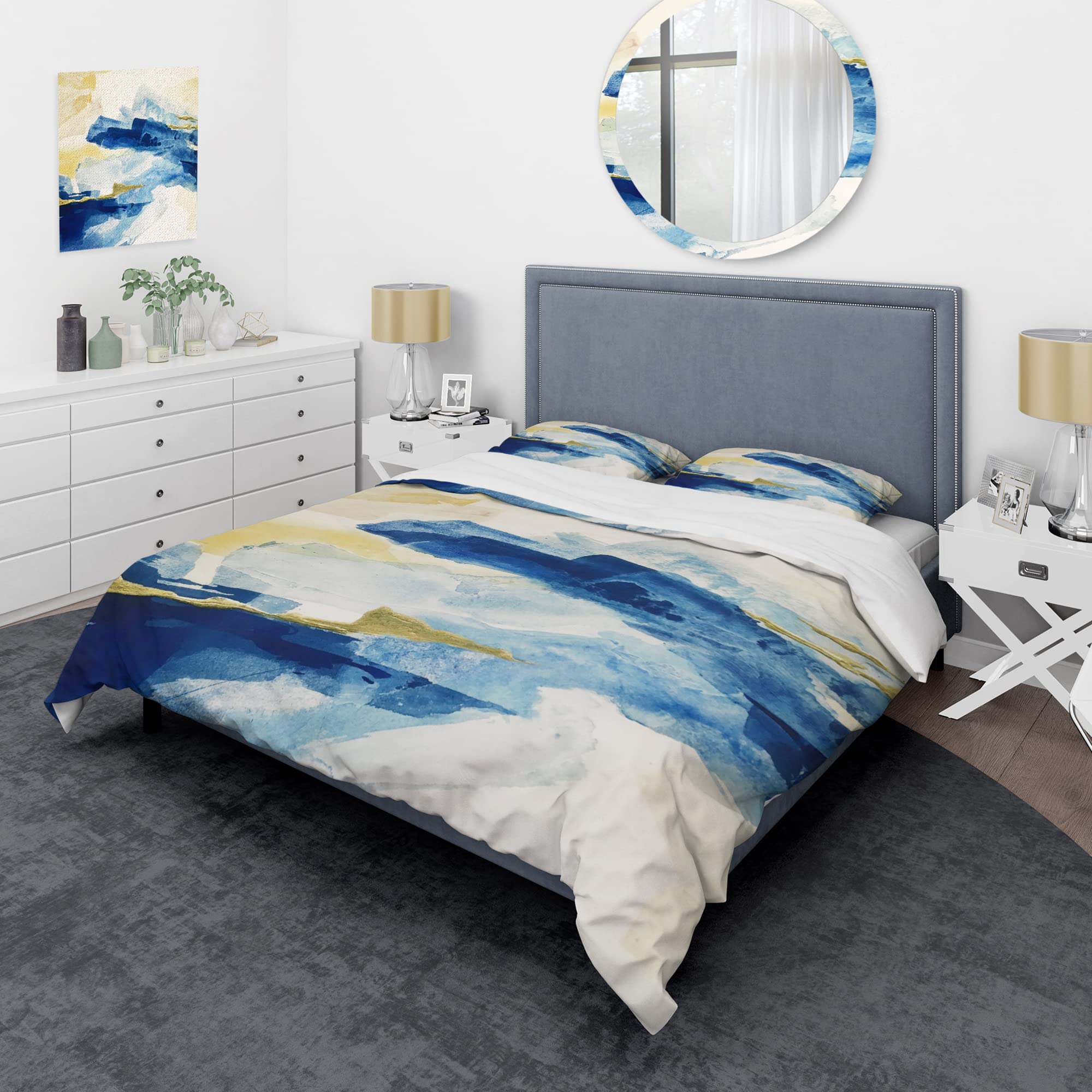 Metallic Gold Indigo Duvet Cover Set King - Modern Abstract Bedding for All Seasons