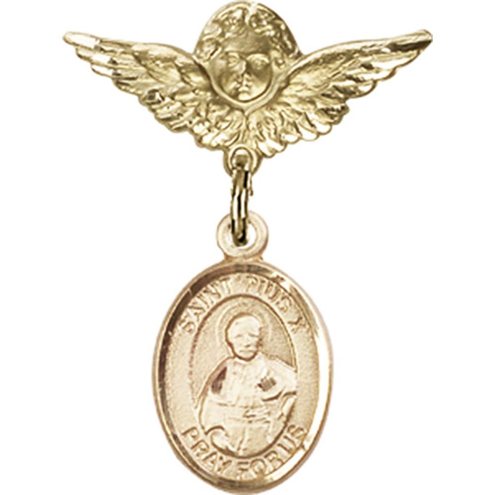 Gold Filled Baby Badge Pin with St. Pius X Charm & Angel Wing Charm - 1 x 3/4 Inch - Perfect for Baptism Gifts, Christening Jewelry & Religious Keepsakes
