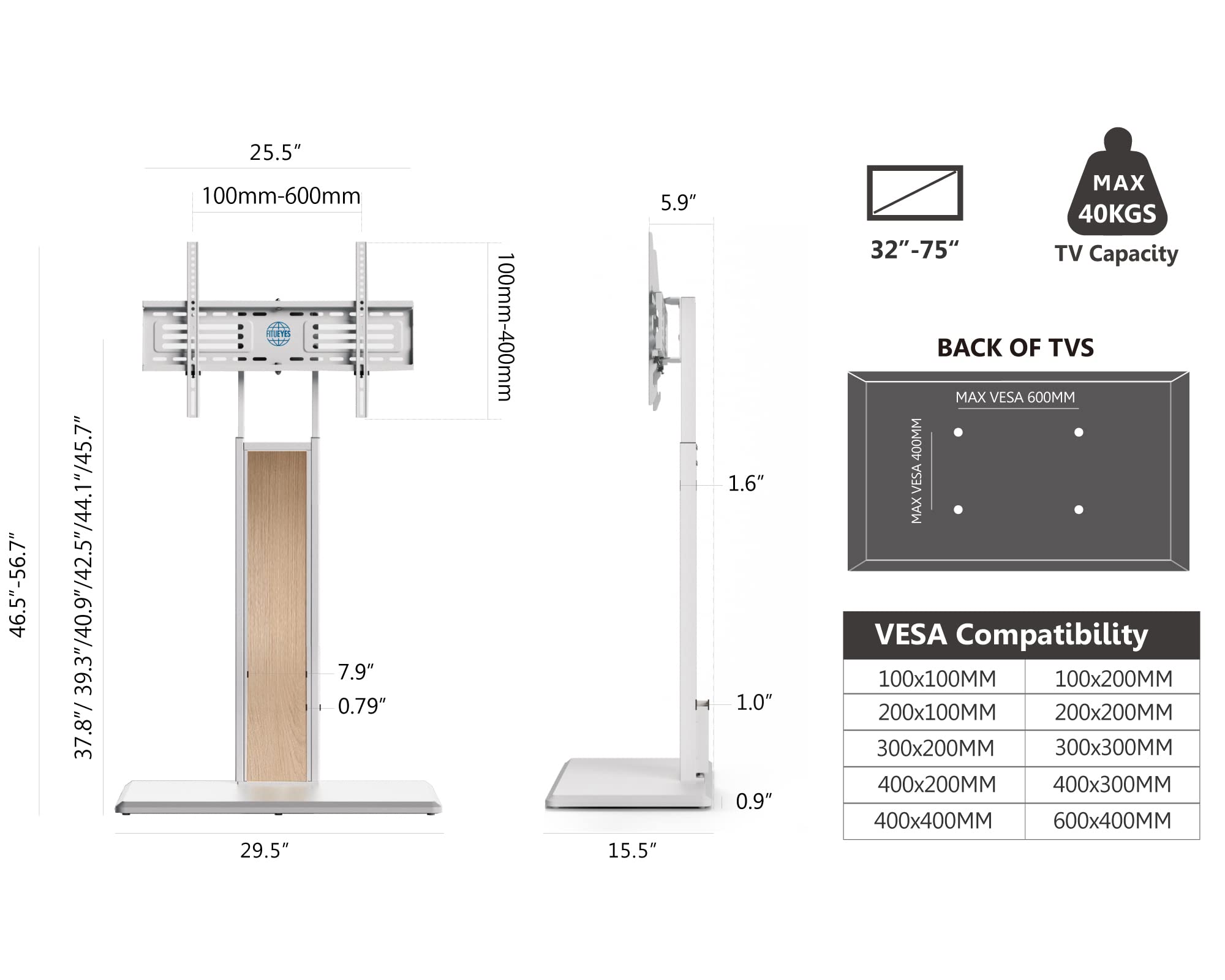 FITUEYES Swivel TV Stand for 32-75 Inch Flat Screens - Solid Wood Base, Height Adjustable TV Mount Bracket (Max VESA 600x400mm, Holds 88 lbs) - Perfect for Living Room, Bedroom & Home Theater Entertainment