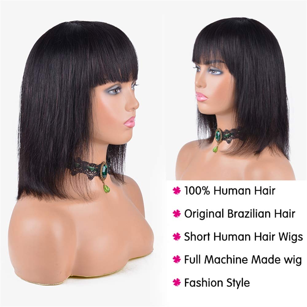 100% Brazilian Virgin Human Hair Short Bob Wigs with Bangs - 12 Inch Straight Glueless Machine Made Wig for Black Women | Natural Color | Perfect for Daily Wear, Cosplay & Special Occasions