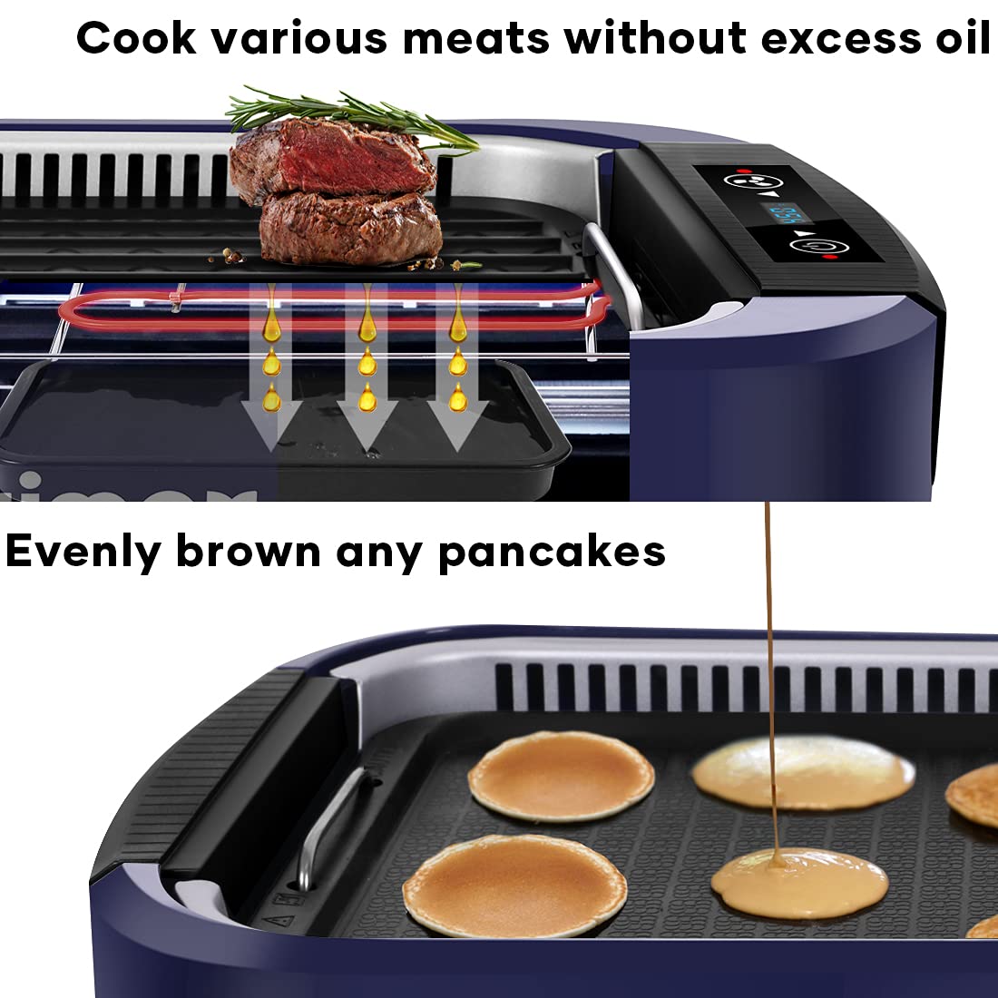 CUSIMAX 1500W Electric Smokeless Indoor Grill with Tempered Glass Lid - Nonstick Flat Top Griddle & Pancake Maker, Dishwasher Safe, Blue - Perfect for Healthy Cooking, Breakfast, Burgers & Family BBQs