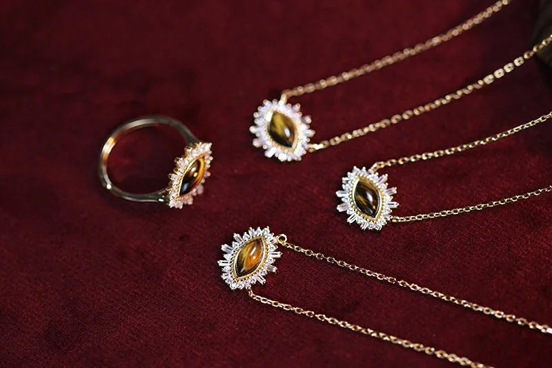 925 Silver 14K Gold Plated Natural Tiger Eye Crystal Ring & Necklace Set - Elegant Jewelry for Women | Perfect for Gifts, Parties & Special Occasions