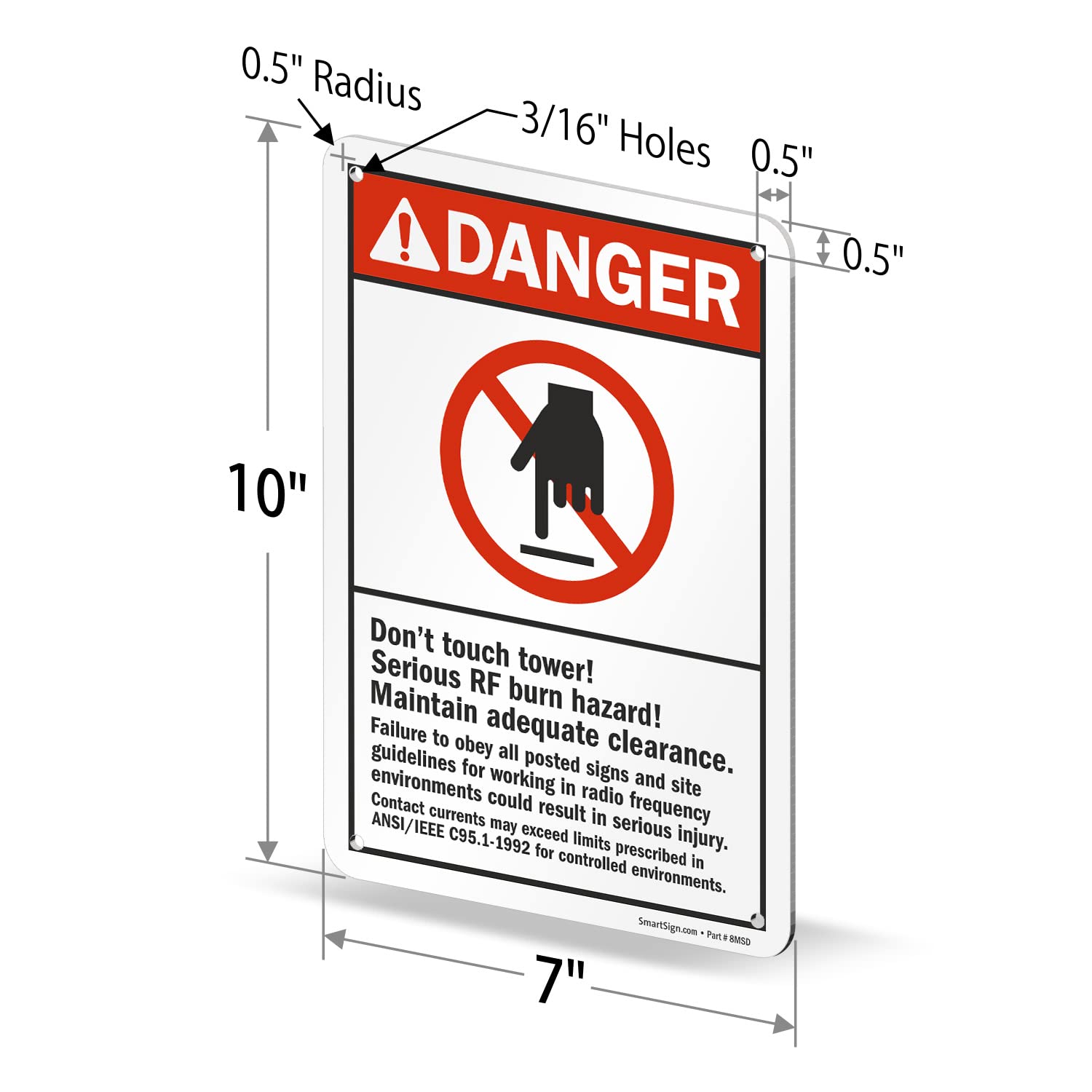 Danger - Don't Touch Tower RF Burn Hazard Sign | 10x7 Inch ANSI Compliant Metal Sign | 40 Mil Laminated Rustproof Aluminum | Red, Black & White | for Electrical Towers, Utility Poles & High Voltage Areas
