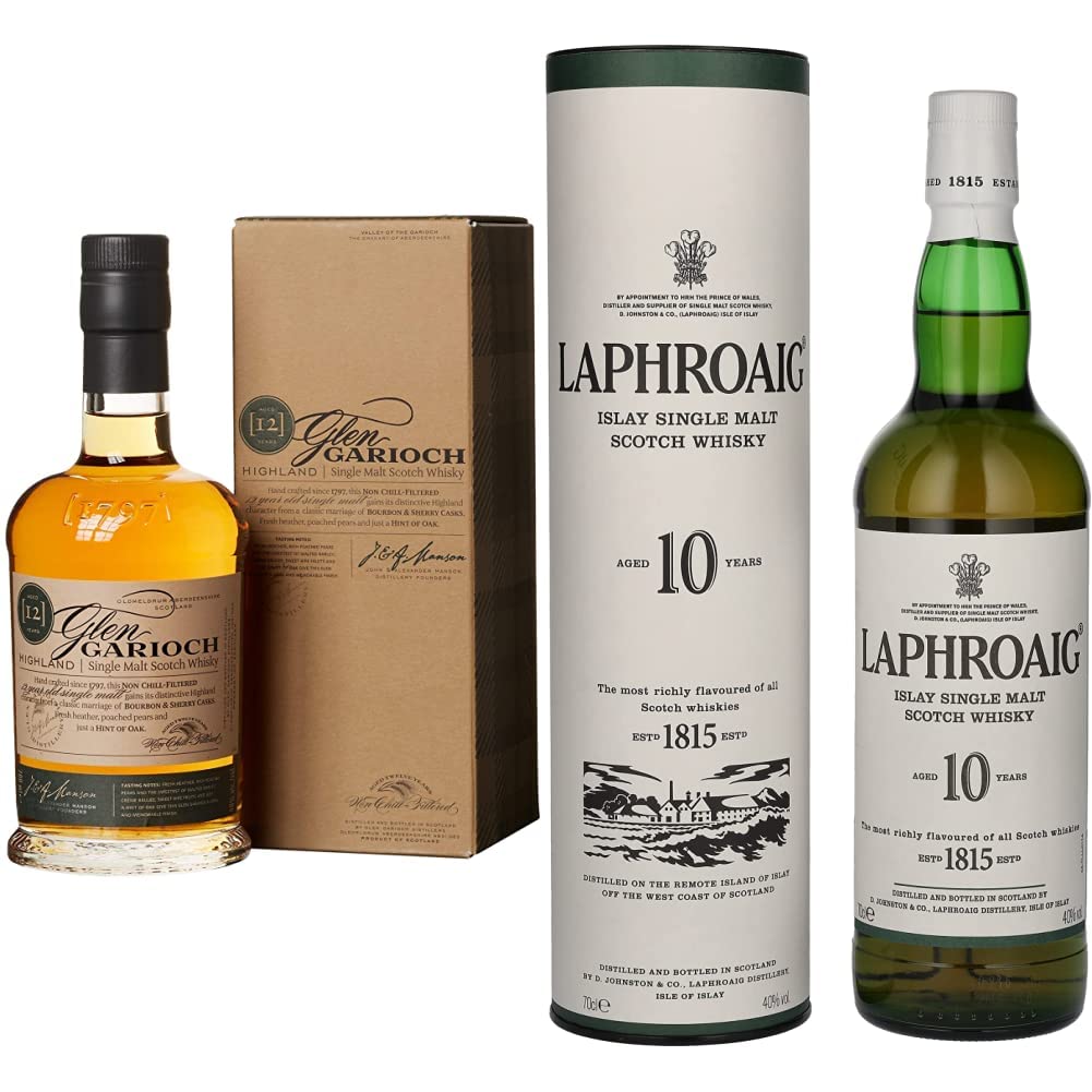 Glen Garioch 12 Year Old Single Malt Scotch Whisky 48% ABV 70cl with Gift Box & Laphroaig 10 Year Old Islay Single Malt Scotch Whisky 40% ABV 70cl with Gift Box - Premium Whisky Gift Set for Special Occasions, Whisky Tasting & Collector's Display