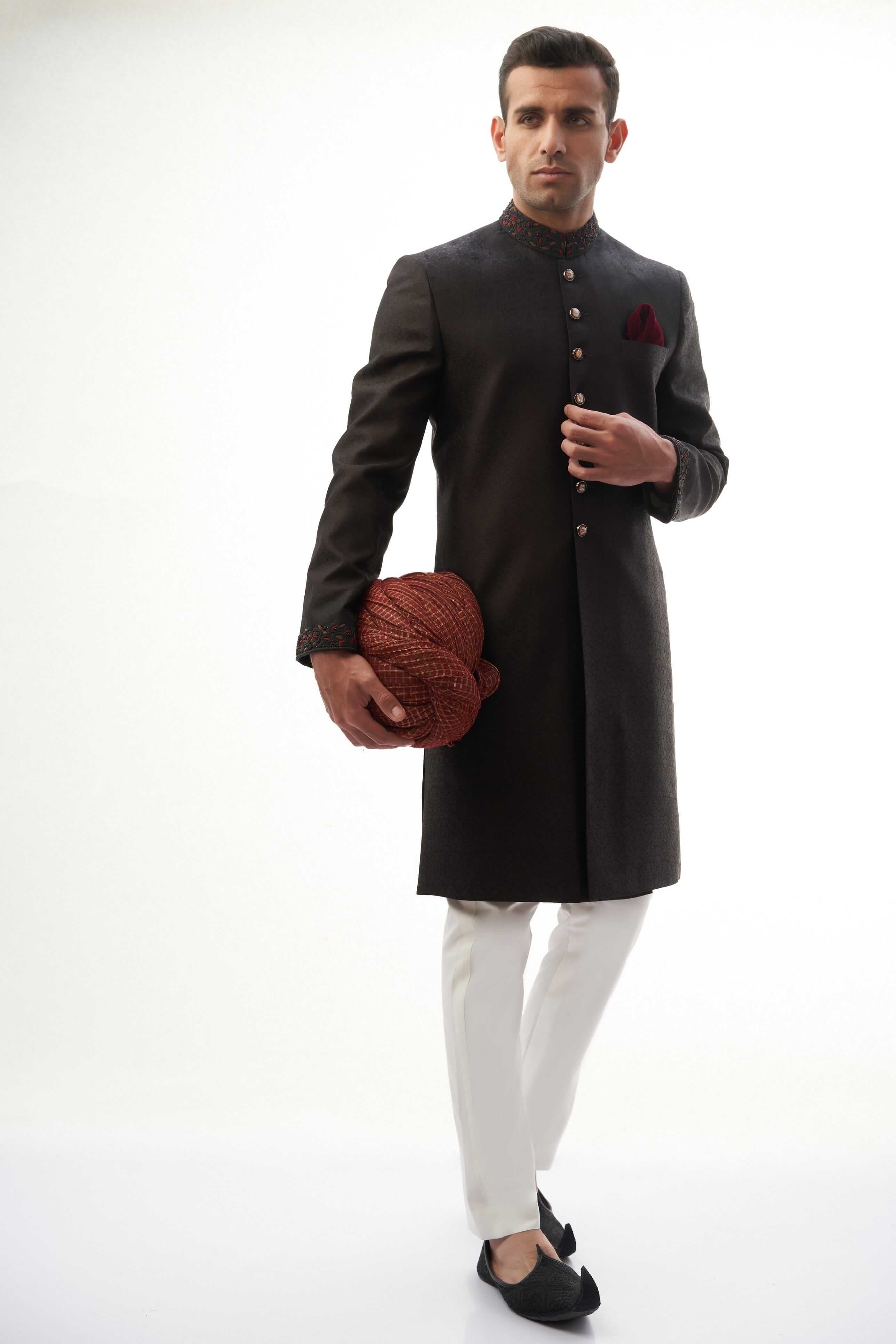 Elegant Jet Black Brocade Silk Sherwani for Men | Traditional Indian Wedding Attire | Perfect for Grooms, Festivals & Special Occasions