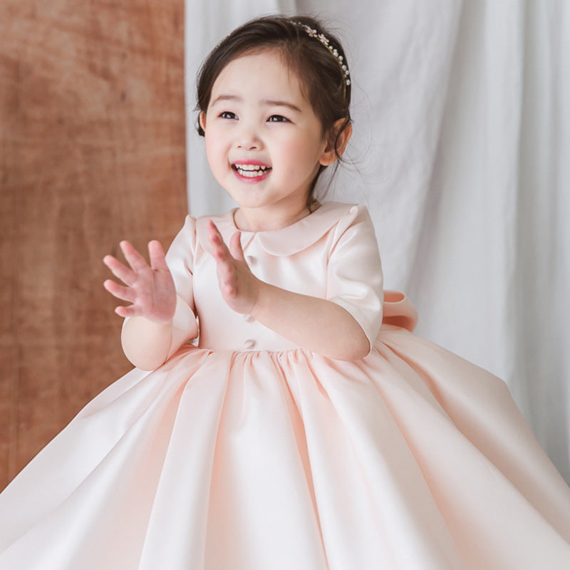 Pink Princess Knee-Length Flower Girl Dress with Elegant Collar - Perfect for Weddings, Birthday Parties & Special Occasions
