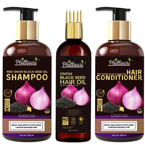 Red Onion Black Seed Oil Hair Growth Kit - Hair Fall Control Treatment with Hair Oil (100ml), Shampoo (300ml) & Conditioner (300ml) - Natural Solution for Thinning Hair, Dandruff & Scalp Care - Perfect for Daily Hair Routine & Damaged Hair Repair