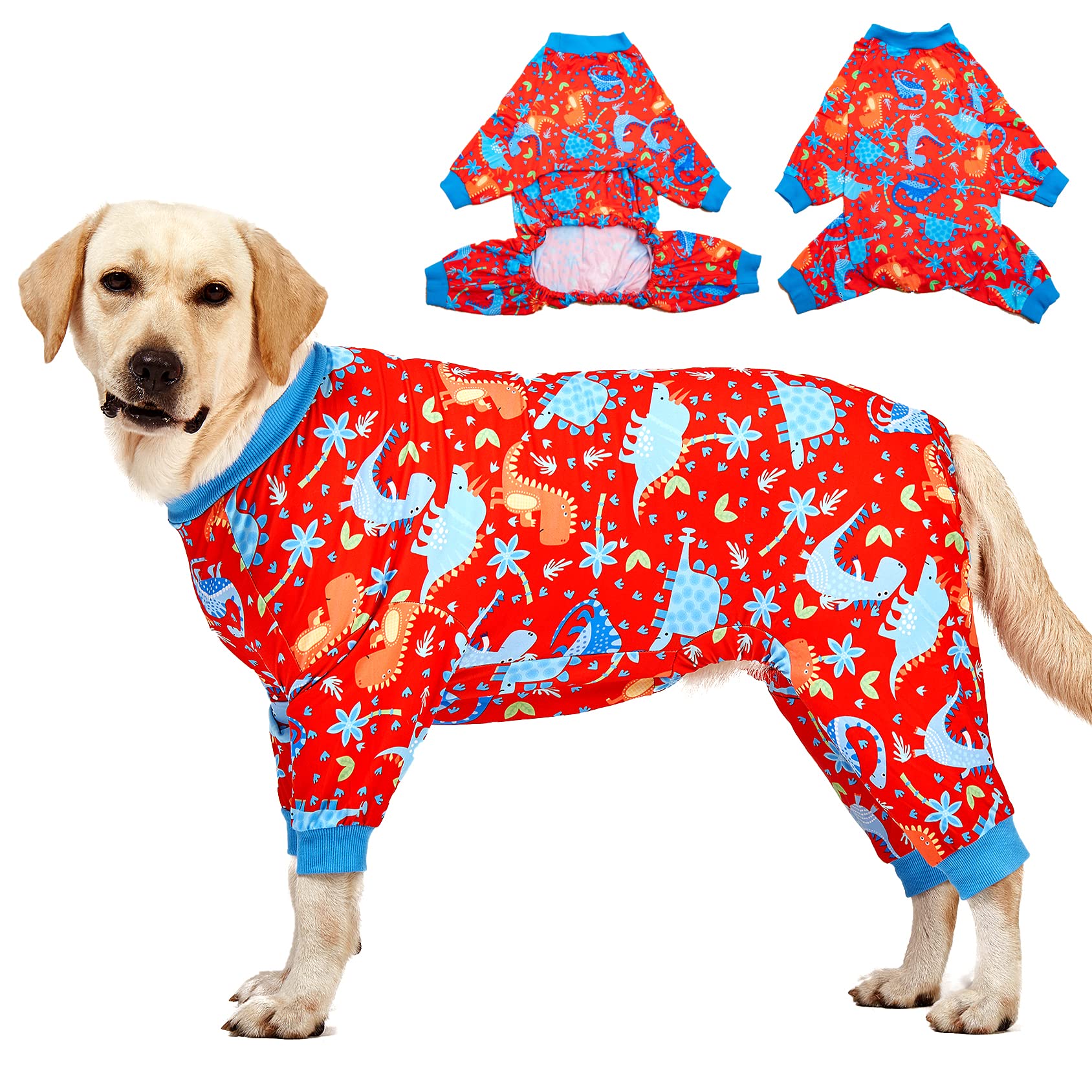 **LovinPet Pitbull Dog Pajamas - Large Dog Onesies for Surgery & Wound Care, Lightweight Stretchy Knit Dinosaur Jungle Print Dog PJs with UV Protection - Pet Anxiety Relief & Comfort Costume for Medium Dogs - Perfect for Post-Surgery Recovery, Indoor Lounging & Halloween Costumes**