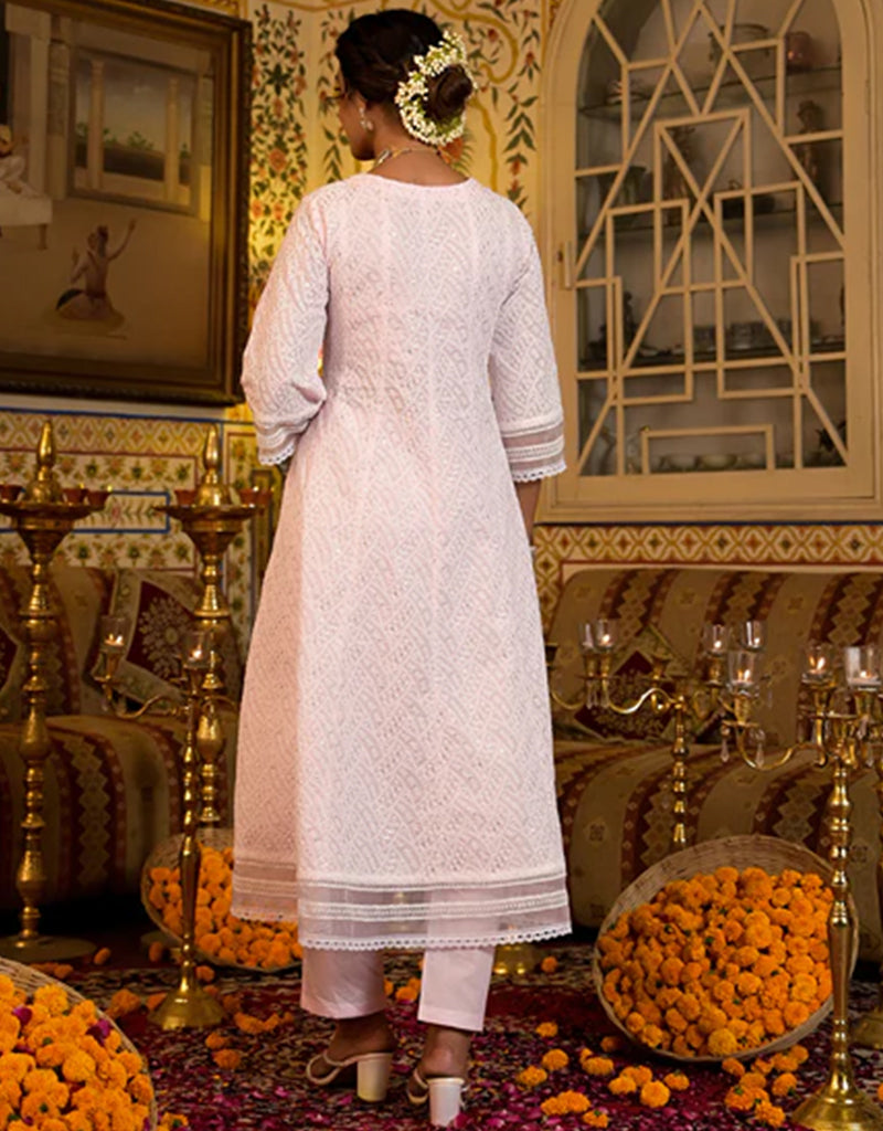 Anarkali Kurta Trouser With Dupatta Set - Baby Pink Pure Cotton Pant Suit for Women | Elegant Ethnic Wear for Festivals, Weddings & Special Occasions