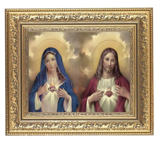 Religious Sacred Hearts Framed Wall Art - Large Gold Leaf Acanthus Carved Ornamental Picture Frame for Home, Church & Office Decor | Perfect for Catholic Gifts, Bedroom & Living Room Wall Decorations