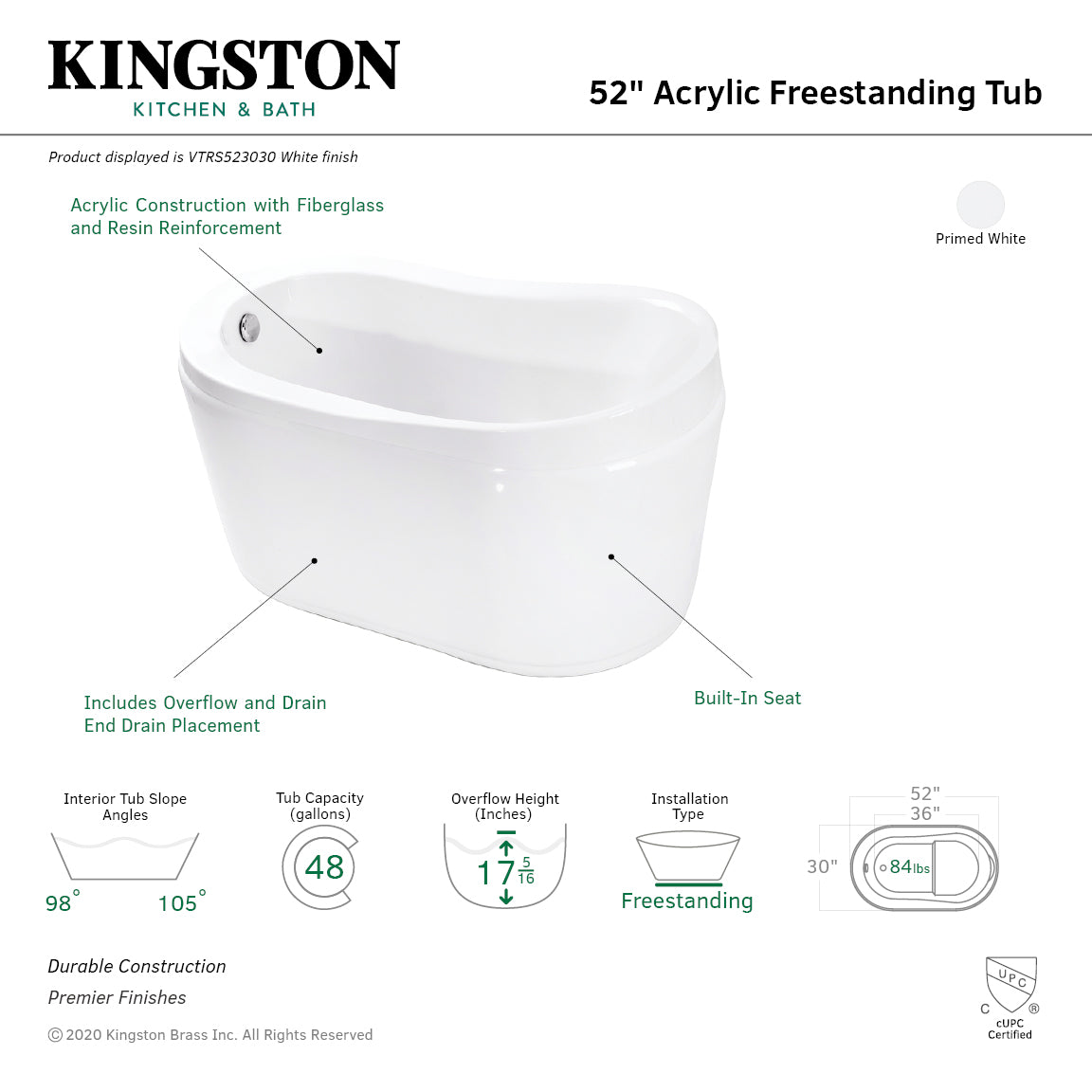 Aqua Eden 52 Inch Acrylic Oval Freestanding Bathtub with Drain & Built-in Seat - Glossy White Slipper Tub for Luxury Bathroom & Spa Relaxation