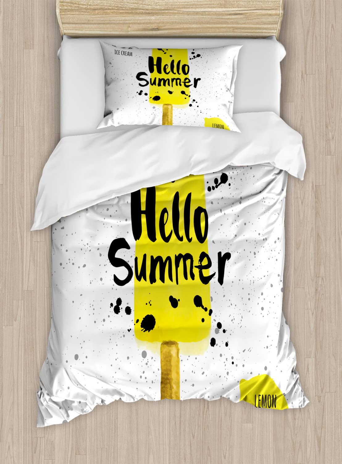 Ambesonne Ice Cream Duvet Cover Set - Summer Lemon Watercolor Print Bedding (2 Duvet Covers + 2 Pillowcases) Twin Size Yellow Black White - Perfect for Kids' Rooms, Summer Decor & Ice Cream Themed Bedrooms