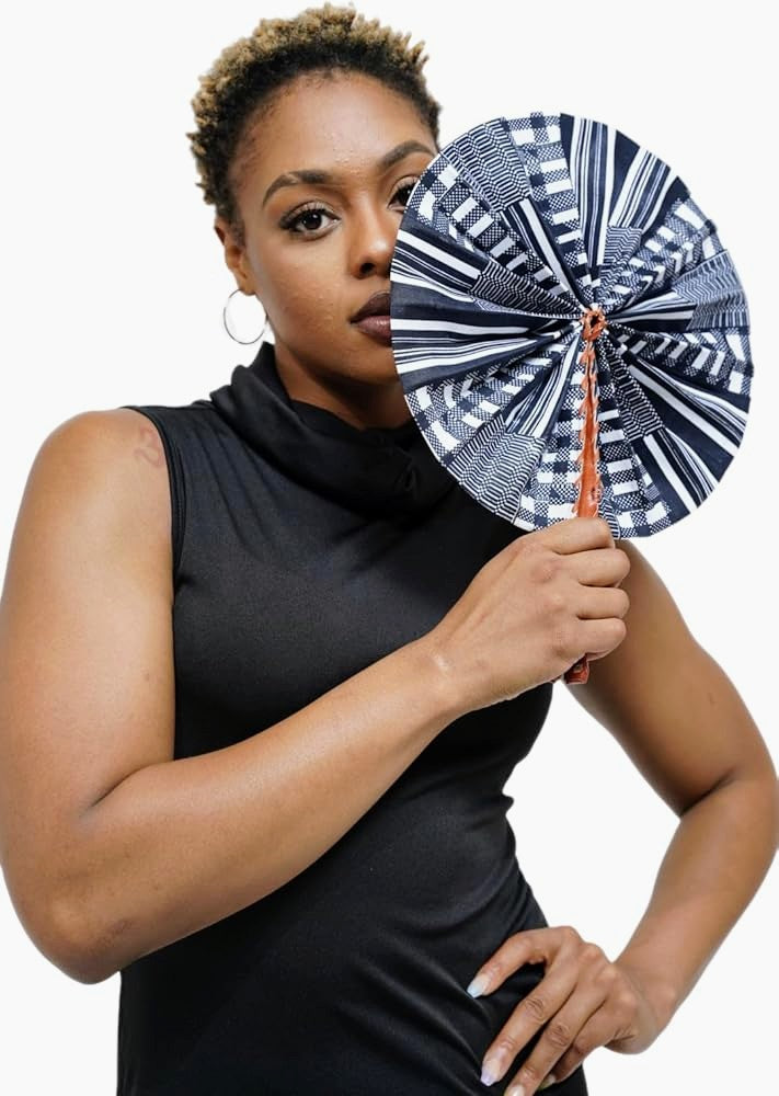 Dupsie's Koumadi Foldable Black and White African Print Ankara Kente Fan - Handheld Cooling Fan for Summer, Weddings & Cultural Events - DPPFB0795
