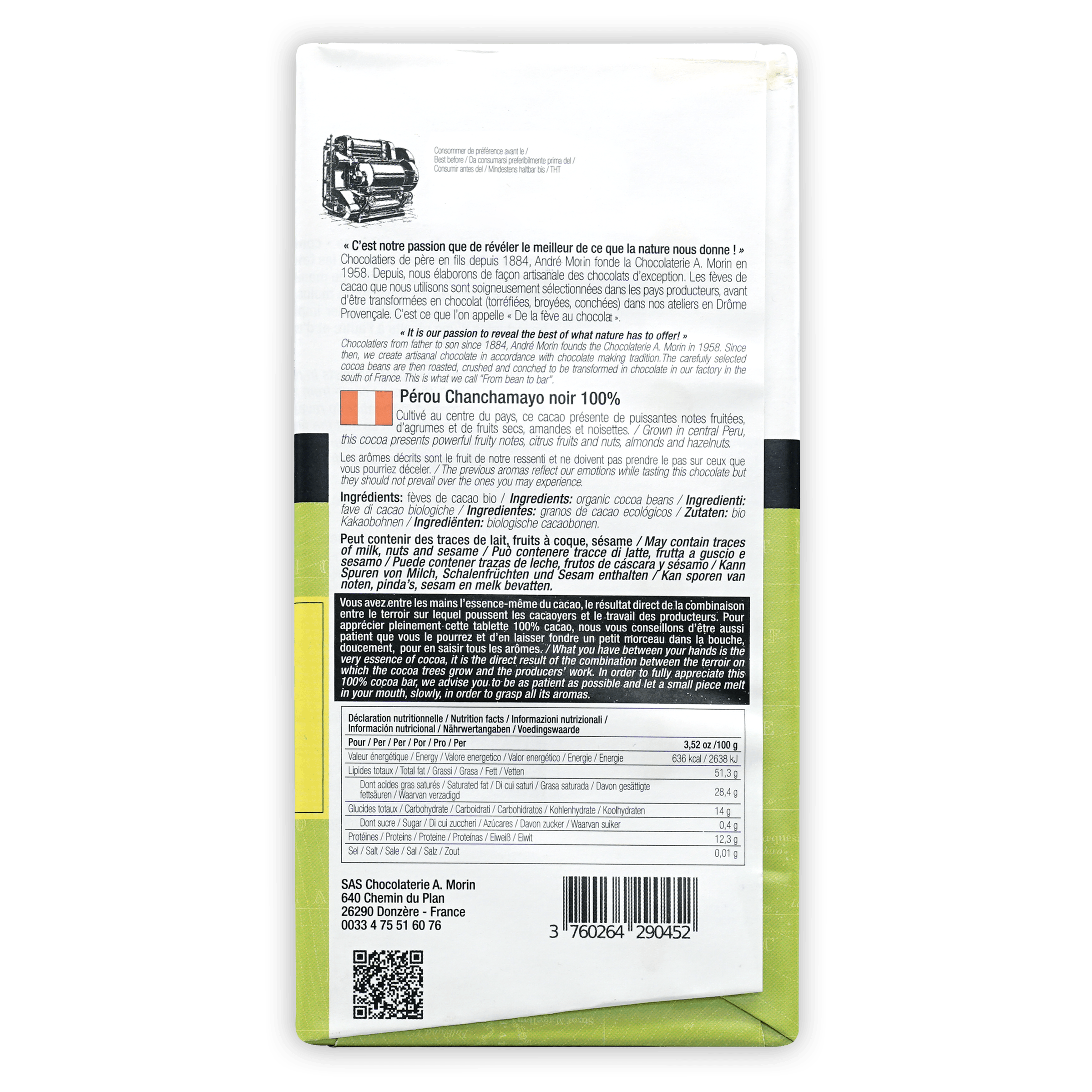 A. Morin Peru Chanchamayo 100% Pure Dark Chocolate Bar - Premium Organic Cacao for Baking, Gifts & Healthy Snacking