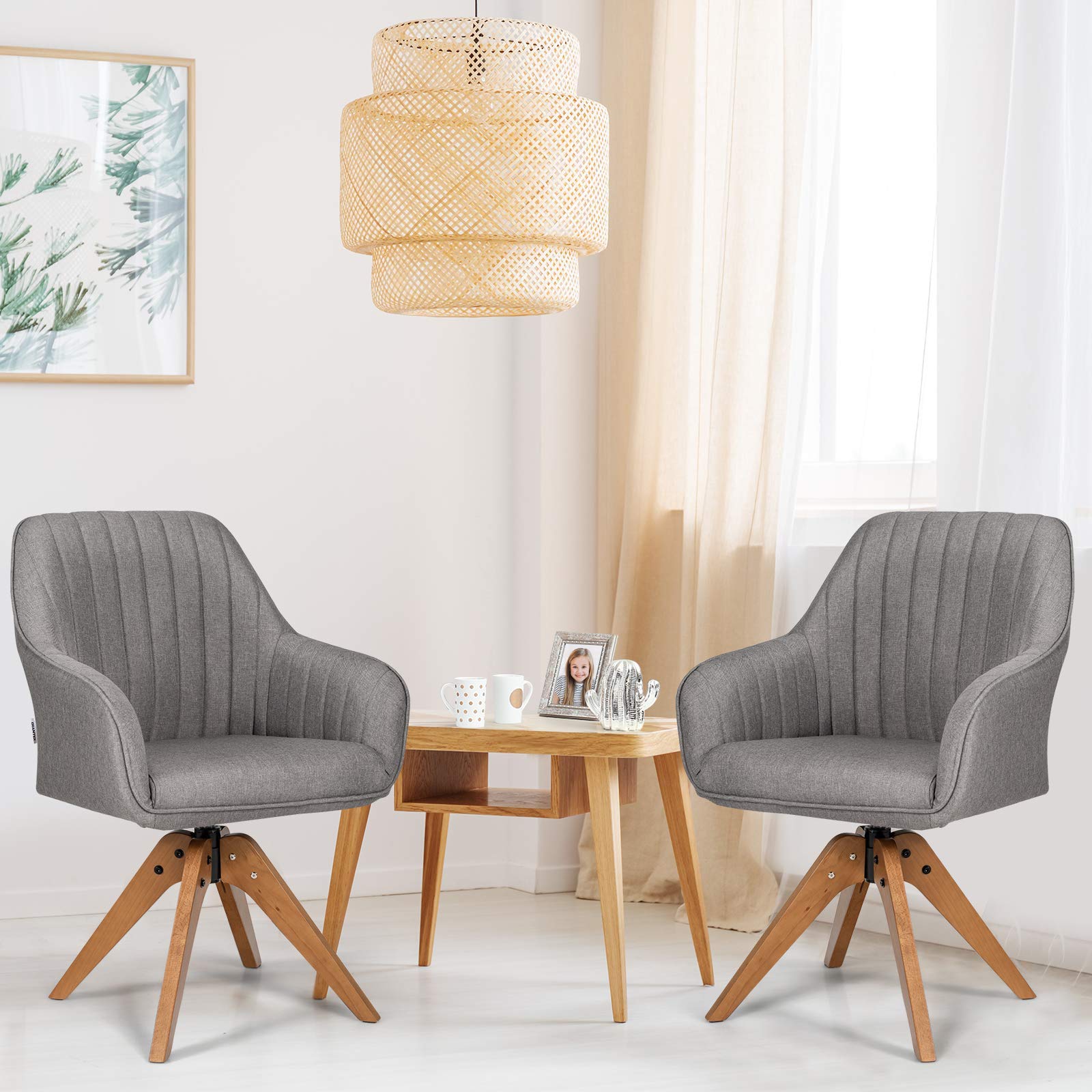 Giantex 2-Piece Swivel Home Office Chairs - No Wheels Wooden Leg Accent Chairs with Thick Felt Foot Pads, Fabric Dining Armchairs for Small Spaces, Living Room, Bedroom & Study - Perfect for Home Office, Reading Nook & Cozy Corners