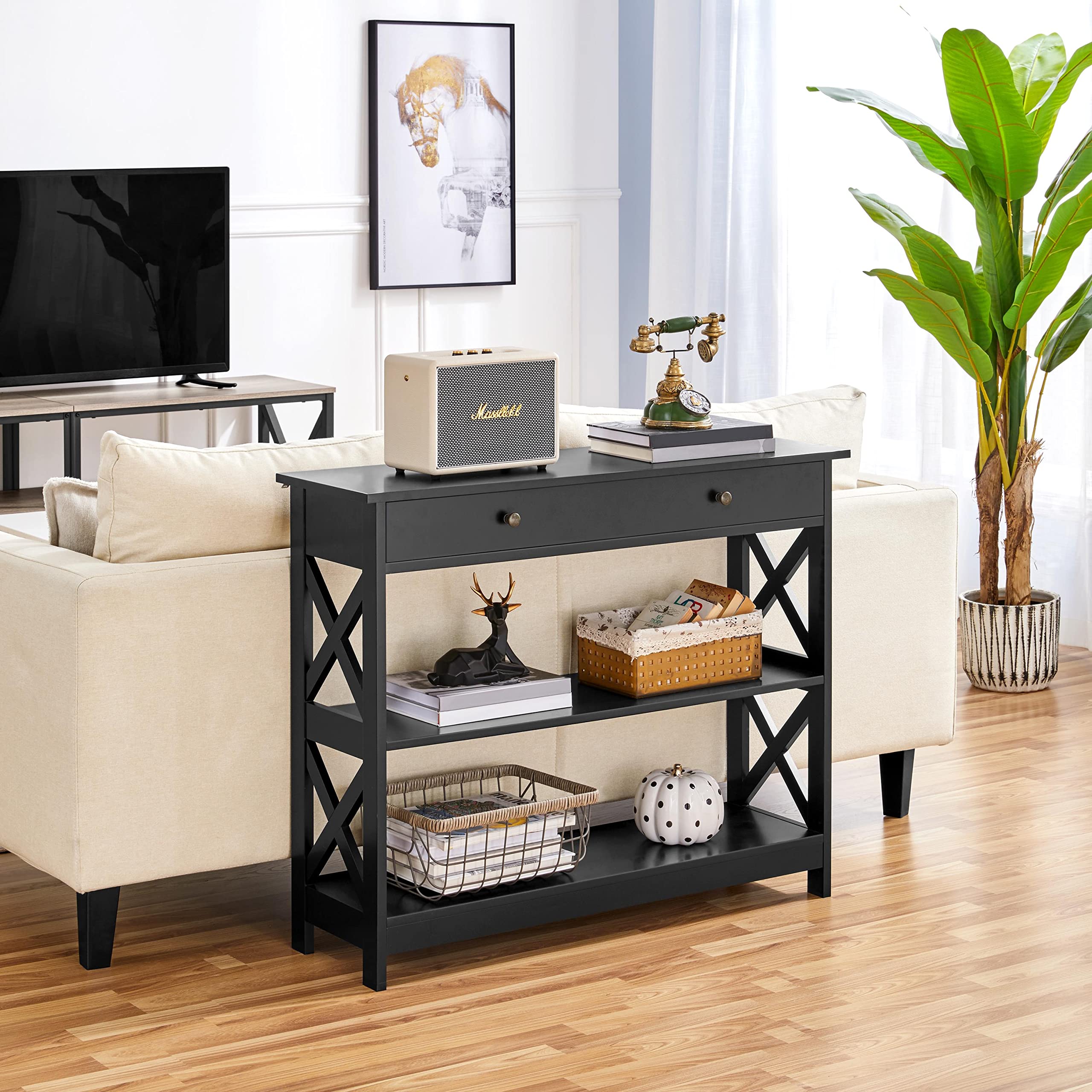 Topeakmart Narrow Console Table with 1 Drawer & 2 Open Shelves - X-Shaped Design Sofa Side Table for Entryway, Living Room, Bedroom - Black Accent Furniture for Small Spaces & Home Decor