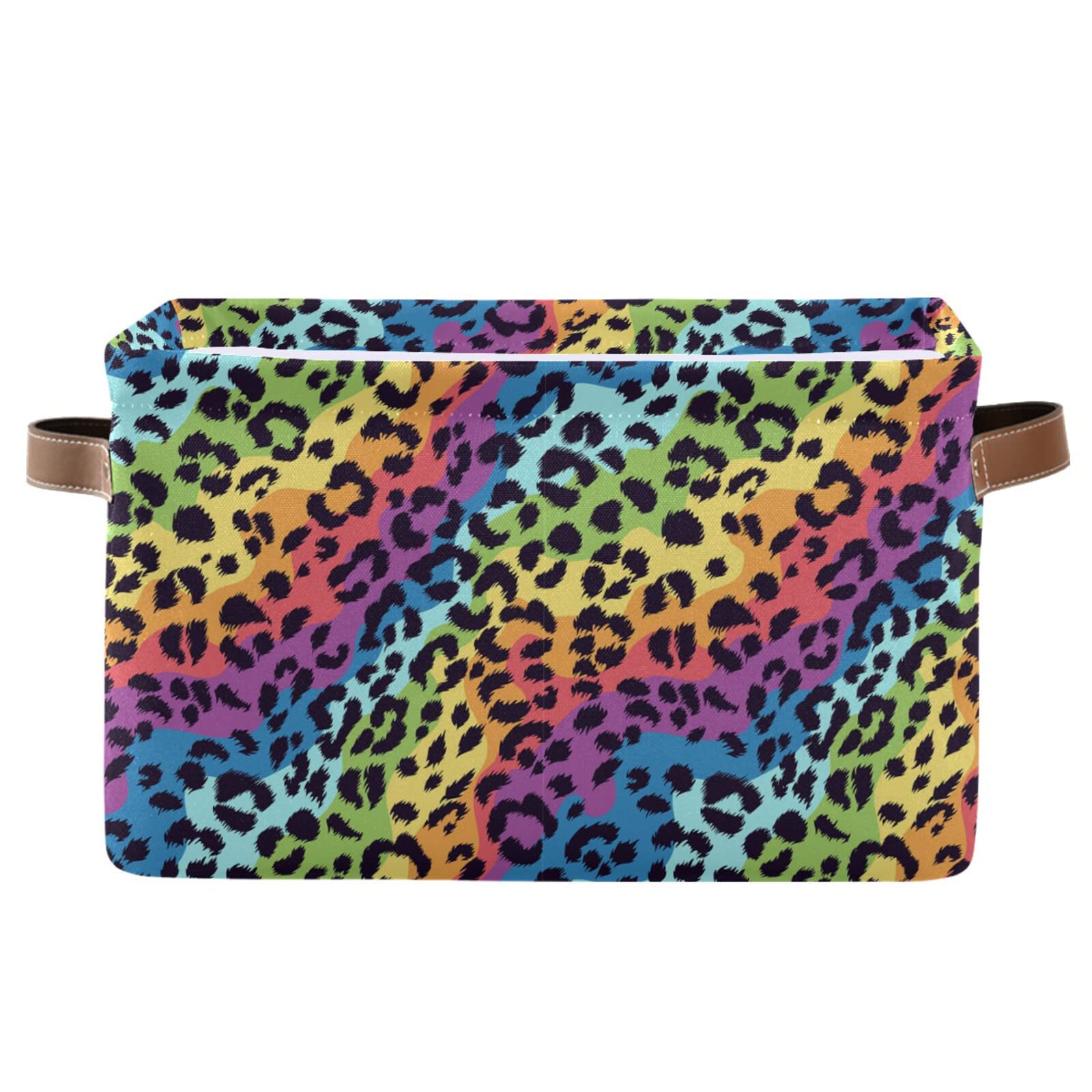 Leopard Print Fabric Storage Basket - Large Collapsible Closet Organizer with Handles, Rainbow Colors for Nursery, Bedroom & Home Organization | Perfect for Toys, Clothes & Shelf Storage