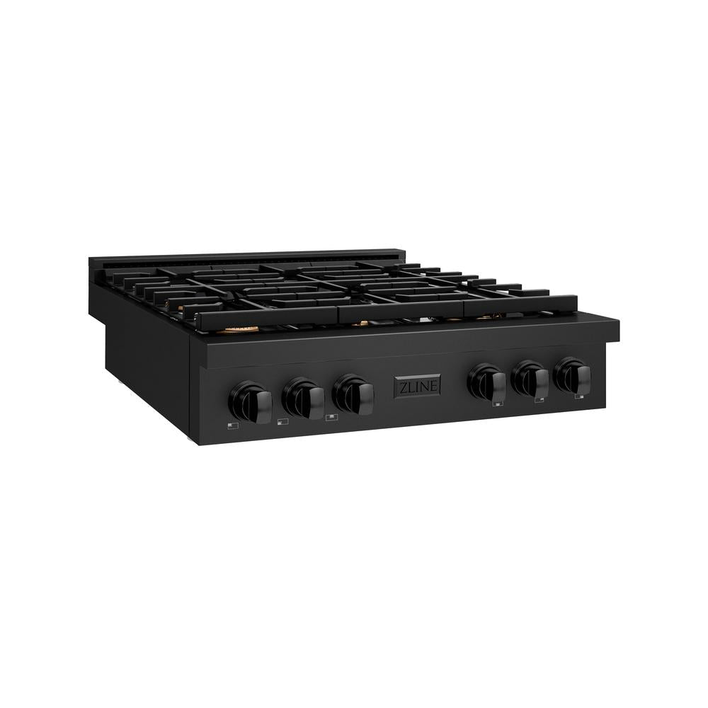 ZLINE 36 Inch Black Stainless Steel 6-Burner Gas Rangetop with Brass Burners & Porcelain Cooktop - Professional Kitchen Stove for Home Chefs & Cooking Enthusiasts