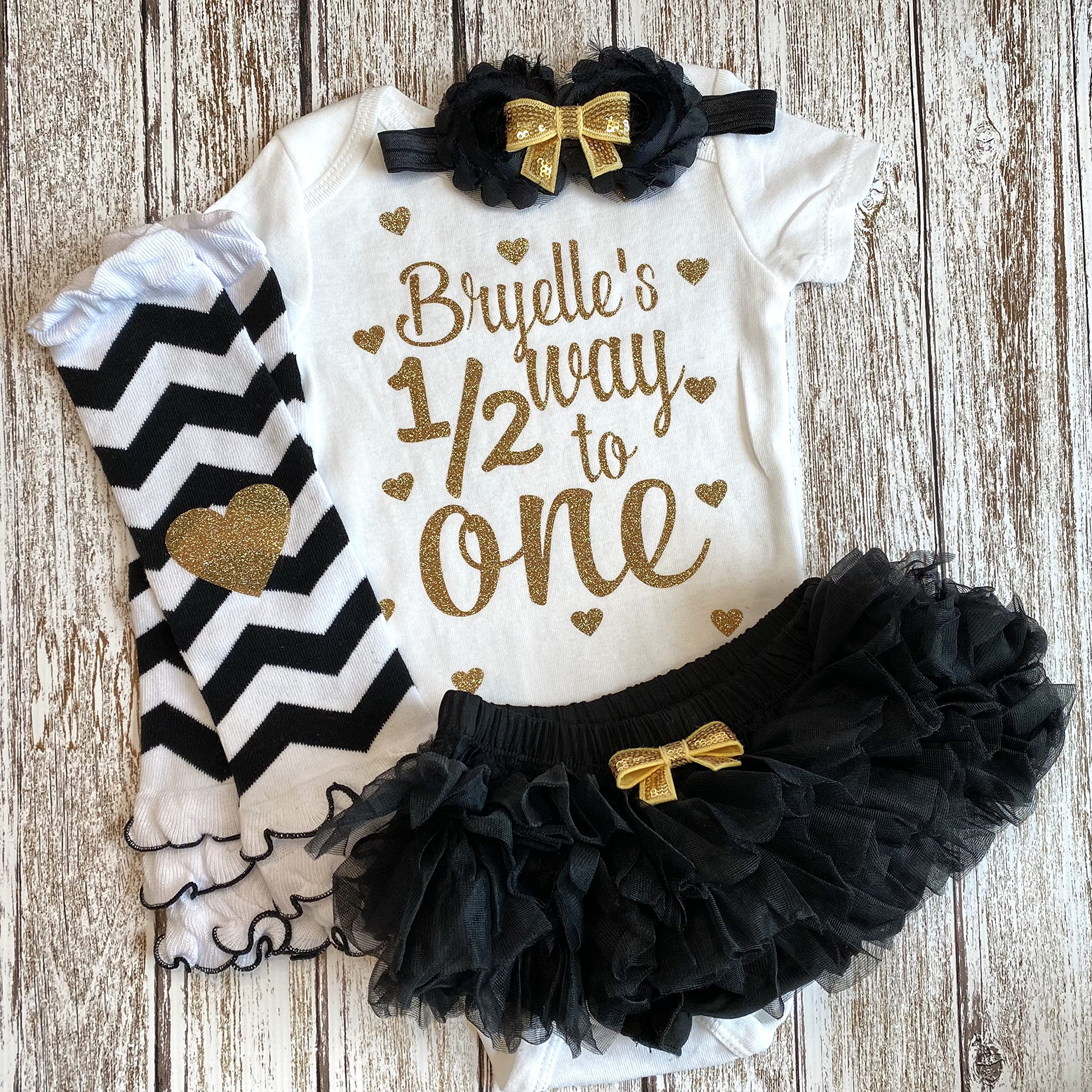 Personalized 6-Month Baby Girl Outfit - Halfway to One Birthday Set with Optional Tutu, Bloomers, Headband & Leg Warmers (Black & Gold) - Perfect for Photoshoots, First Birthday Celebrations & Special Occasions