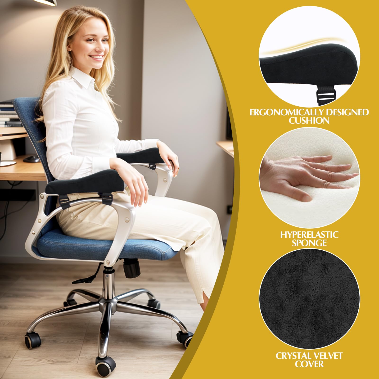 Ergonomic Armrest Pads for Office Chairs - 2 Pack Comfortable Chair Arm Cushions, Computer & Wheelchair Armrest Covers - Reduce Fatigue for Long Work Hours, Gaming & Home Office Use