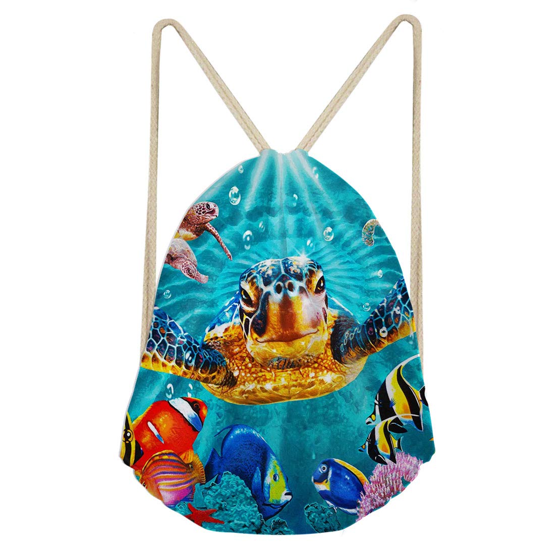 WELLFLYHOM Teal Sea Turtle Drawstring Backpack - Lightweight Cinch Sack for School, Sports, Gym, Hiking & Travel - Kawaii Locking Draw String Bag for Men, Women, Boys & Girls - Perfect for Dance, Shopping & Daily Storage