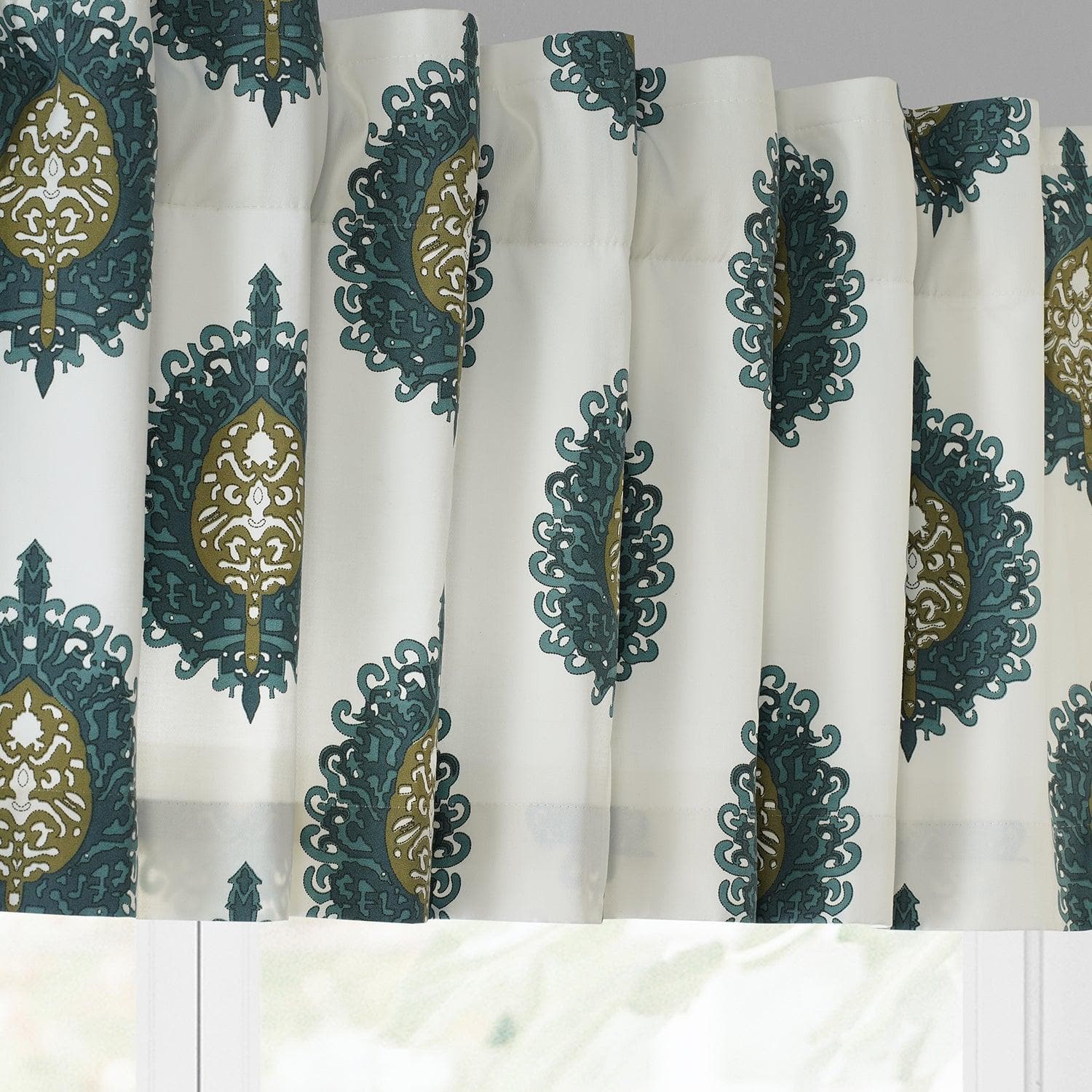 Mayan Teal Emblem Printed Cotton Window Valance - Handmade Boho Curtain Valance for Living Room, Bedroom & Kitchen Decor (36x14 Inches) - Perfect for Bohemian, Farmhouse & Eclectic Home Styling