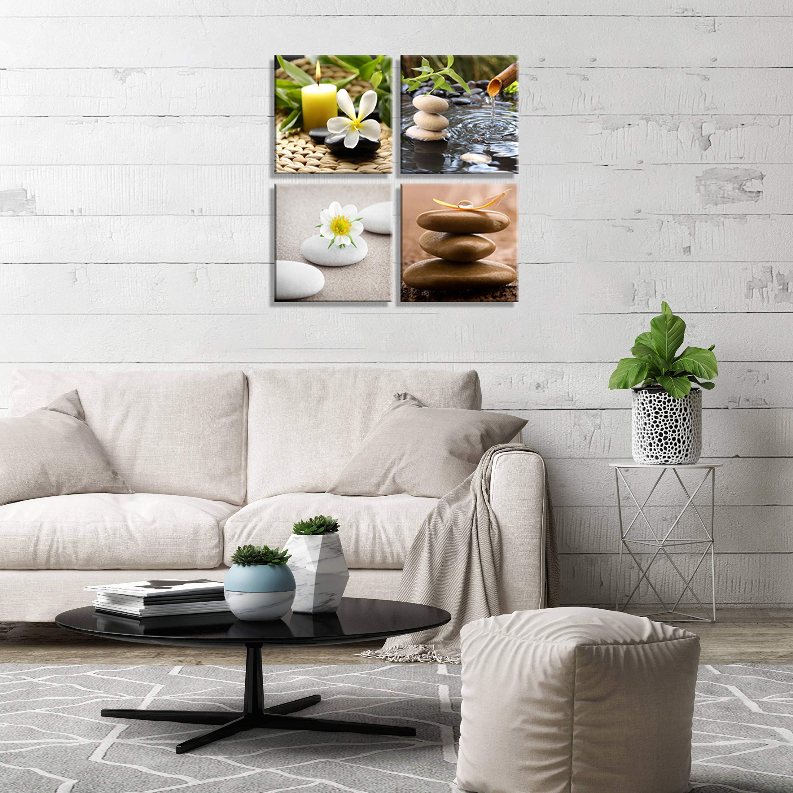 Zen Canvas Wall Art - Green Bamboo Fountain & Stone Jasmine Painting for Home Decor | Modern Spa Still Life Wall Hanging | Perfect for Living Room, Bedroom & Office Relaxation