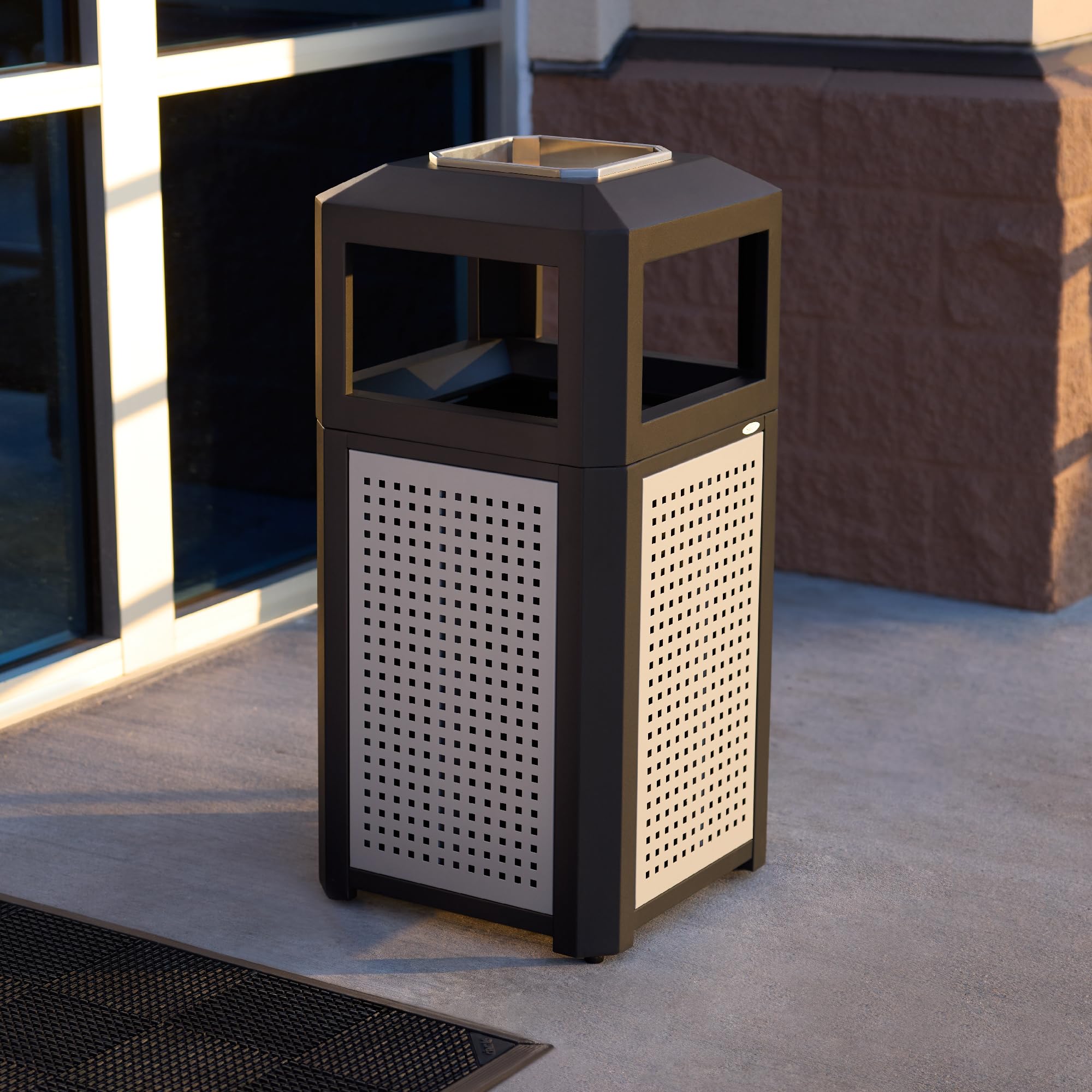 Safco Evos 15-Gallon Heavy Duty Steel Trash Can with Plastic Liner & Ashtray - Indoor/Outdoor Garbage Bin for Home, Office, Garage & Commercial Use
