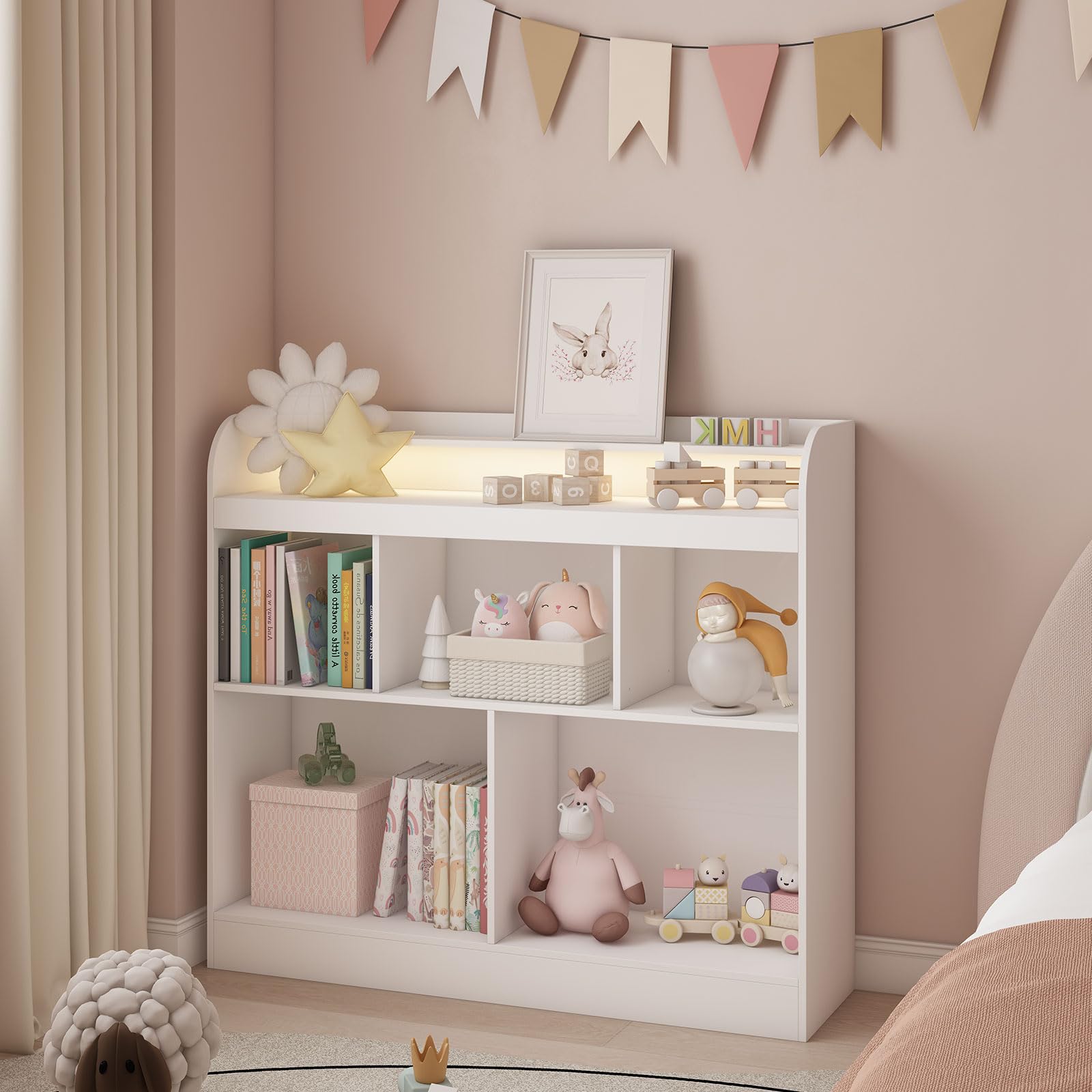 Lkeiyay White Kids Bookshelf with LED Lights - Toy Storage Cubby & Bookcase for Children's Bedroom, Nursery, Playroom - Perfect for Organizing Books, Toys and Decor in Kids Rooms