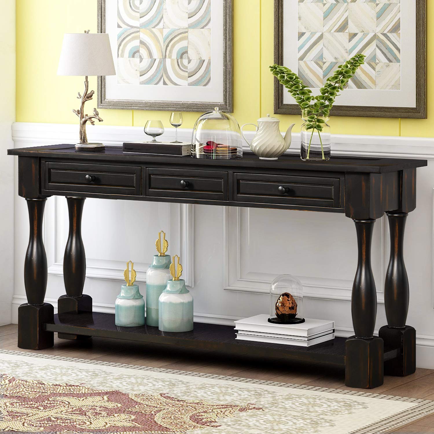 Solid Wood Console Table with Drawers & Shelf - Extra Long Mediterranean Style Entryway Furniture for Hallway, Living Room - Large Storage Space, Black Finish | Perfect for Home Entry, Corridor Decor & Living Room Organization