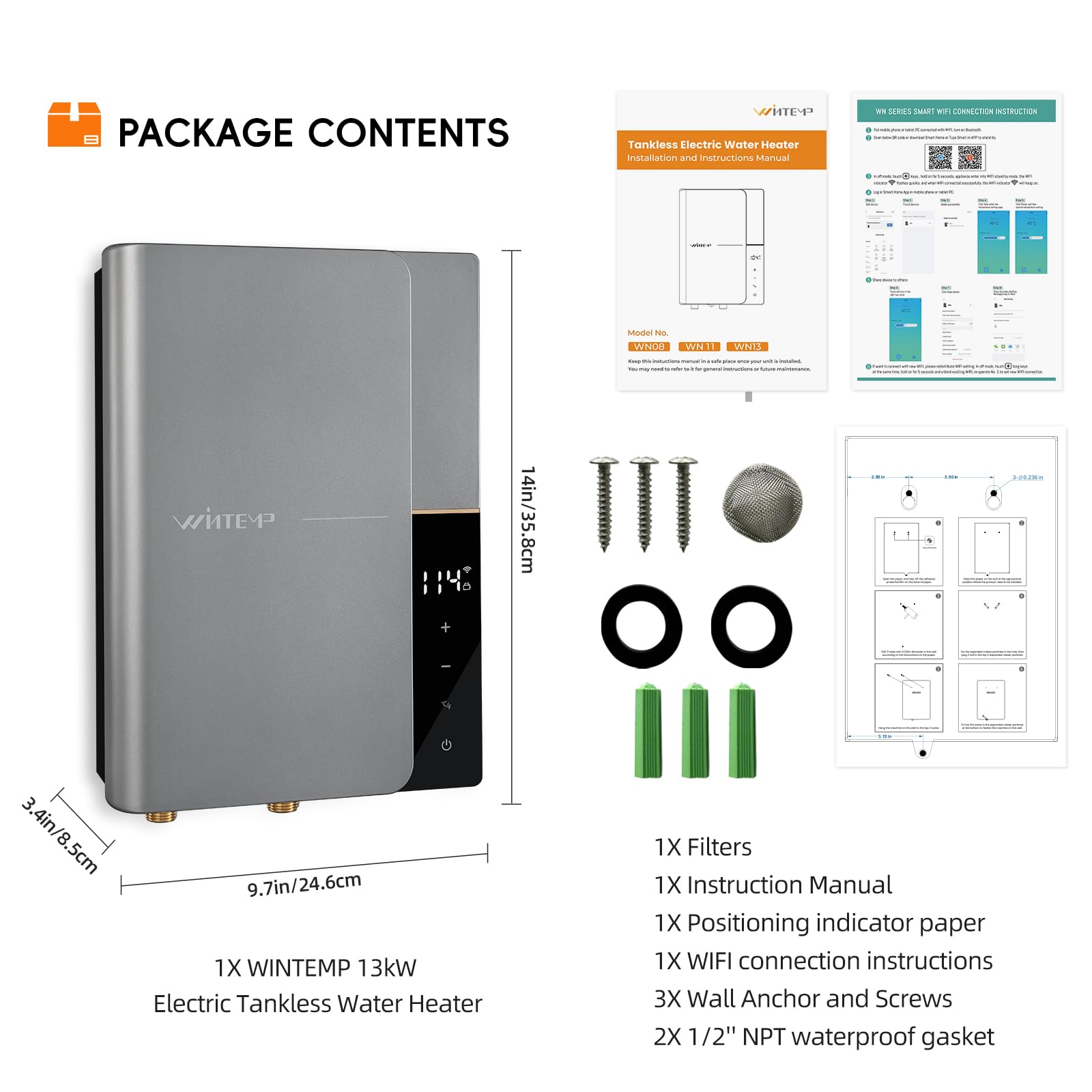 13kW 240V Electric Tankless Water Heater - Endless On-Demand Hot Water with LED Temperature Display | Self-Regulating & Space-Saving Design | Perfect for Bathroom Showers, Kitchen Sinks & Small Apartments | WINTEMP Brand