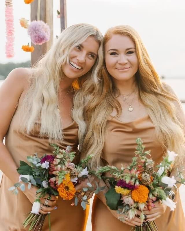 Elegant Spaghetti Strap Satin Wedding Dress - V-Neck Mermaid Bridesmaid & Prom Gown for Women in Burnt Orange (Size 14) | Perfect for Beach Weddings, Formal Events & Evening Parties