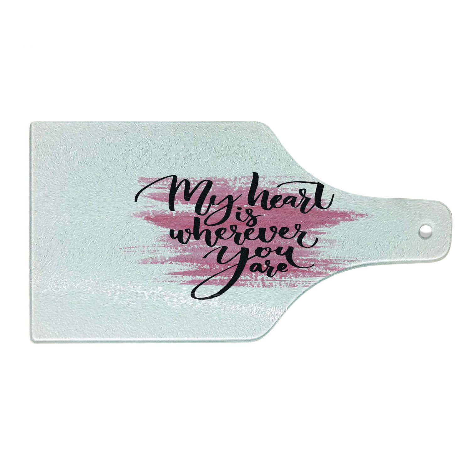 Ambesonne Romantic Heart-Shaped Glass Cutting Board - Valentine's Day Gift with Calligraphy Design, Pink Black White Wine Bottle Style - Perfect for Serving Charcuterie, Cheese & Wine Pairings