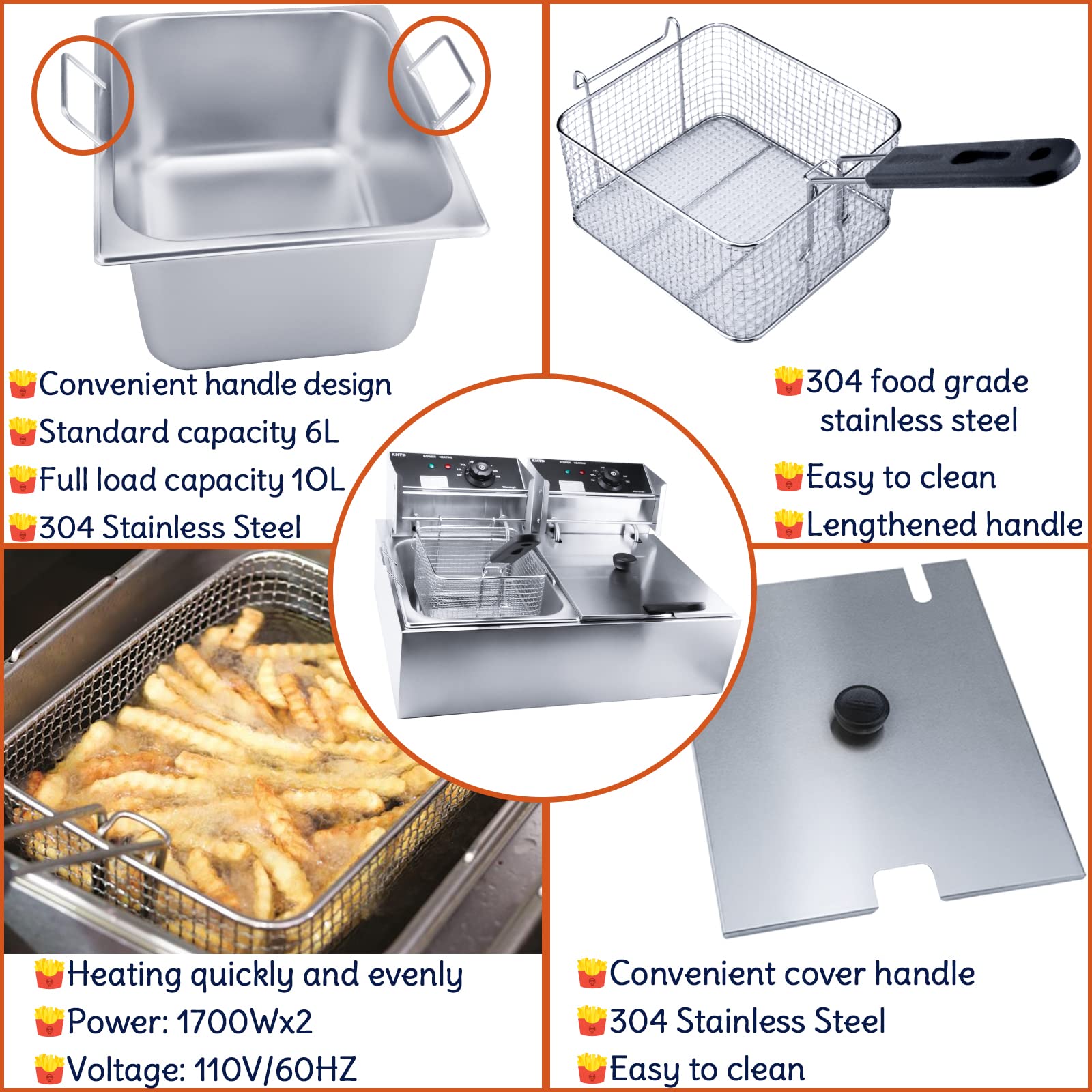 Commercial Deep Fryer with Basket - 3400W 12.7QT/12L Stainless Steel Electric Oil Fryer with Temperature Control - Large Capacity Detachable Countertop Fryer for Restaurant, Home Kitchen & Catering Use