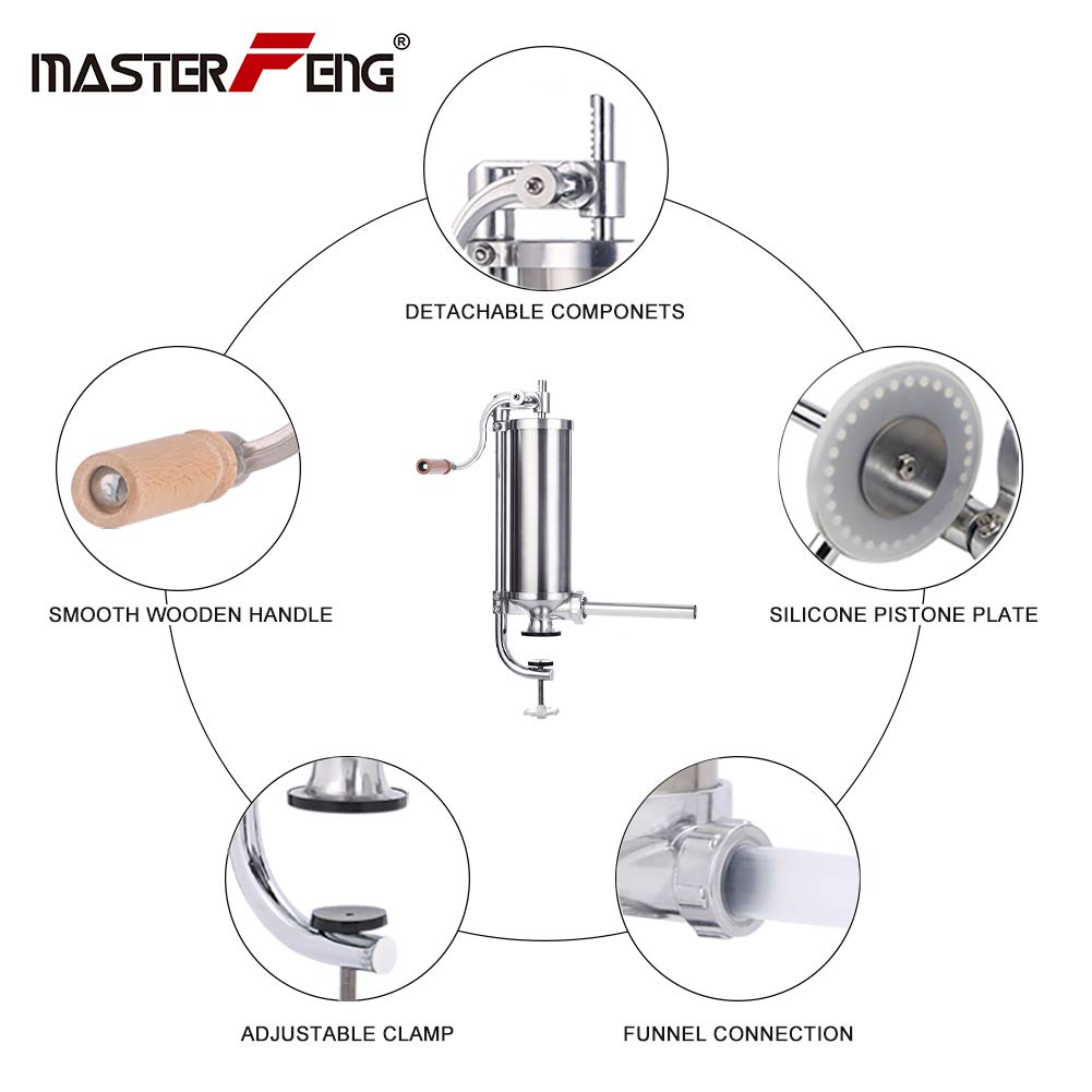 MASTER FENG 5LBS Vertical Stainless Steel Sausage Stuffer with 8 Tubes - Commercial & Home Use Sausage Maker for Homemade Sausages, Jerky & Pet Food