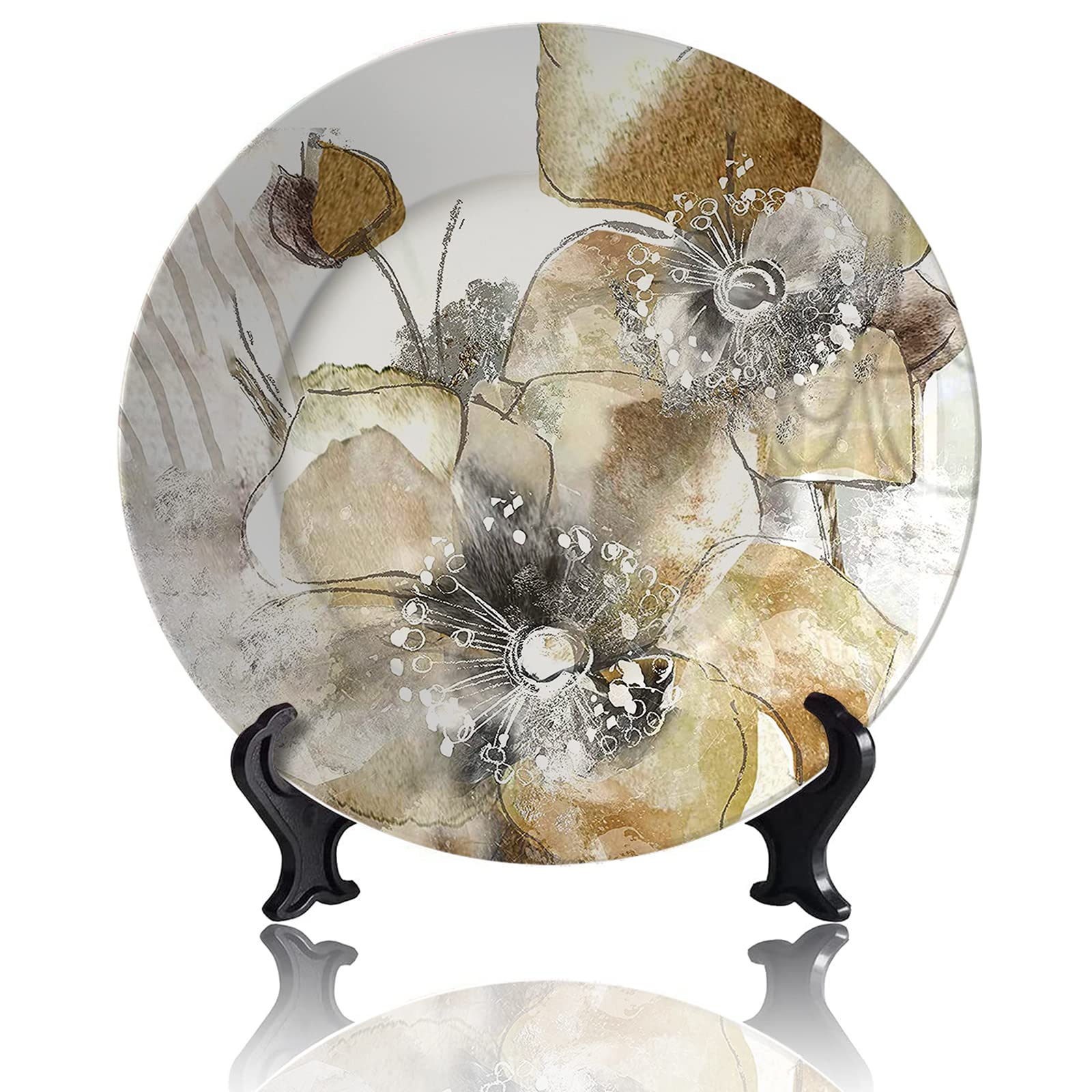 Kasen Taupe Spring Poppy Decorative Ceramic Plate - 8 Inch Porcelain Dish with Display Stand for Home & Office Table Decor | Elegant Festival Gift & Seamless Design | Perfect for Dining, Wall Display, and Special Occasions