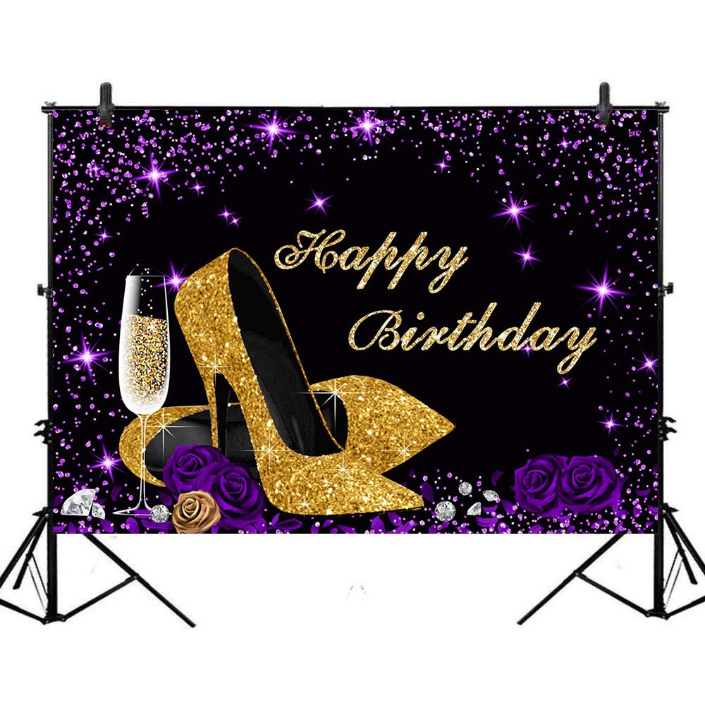 8x6ft Purple & Gold Birthday Backdrop with Rose Flowers, Champagne Heels & Glitter Dots - Elegant Women's Party Decor for Birthday Celebrations, Baby Showers & Special Events