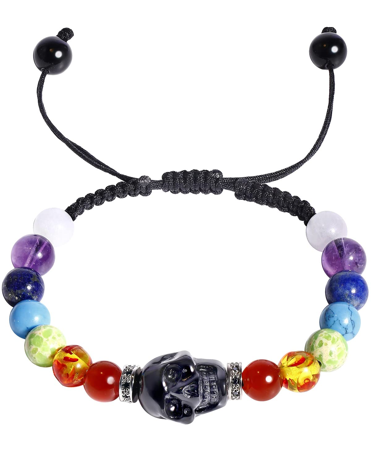 Black Obsidian Skull Bracelet with 7 Chakra Beads - Healing Crystal Protection Amulet for Men & Women - Energy Balancing Jewelry for Meditation, Yoga & Spiritual Healing