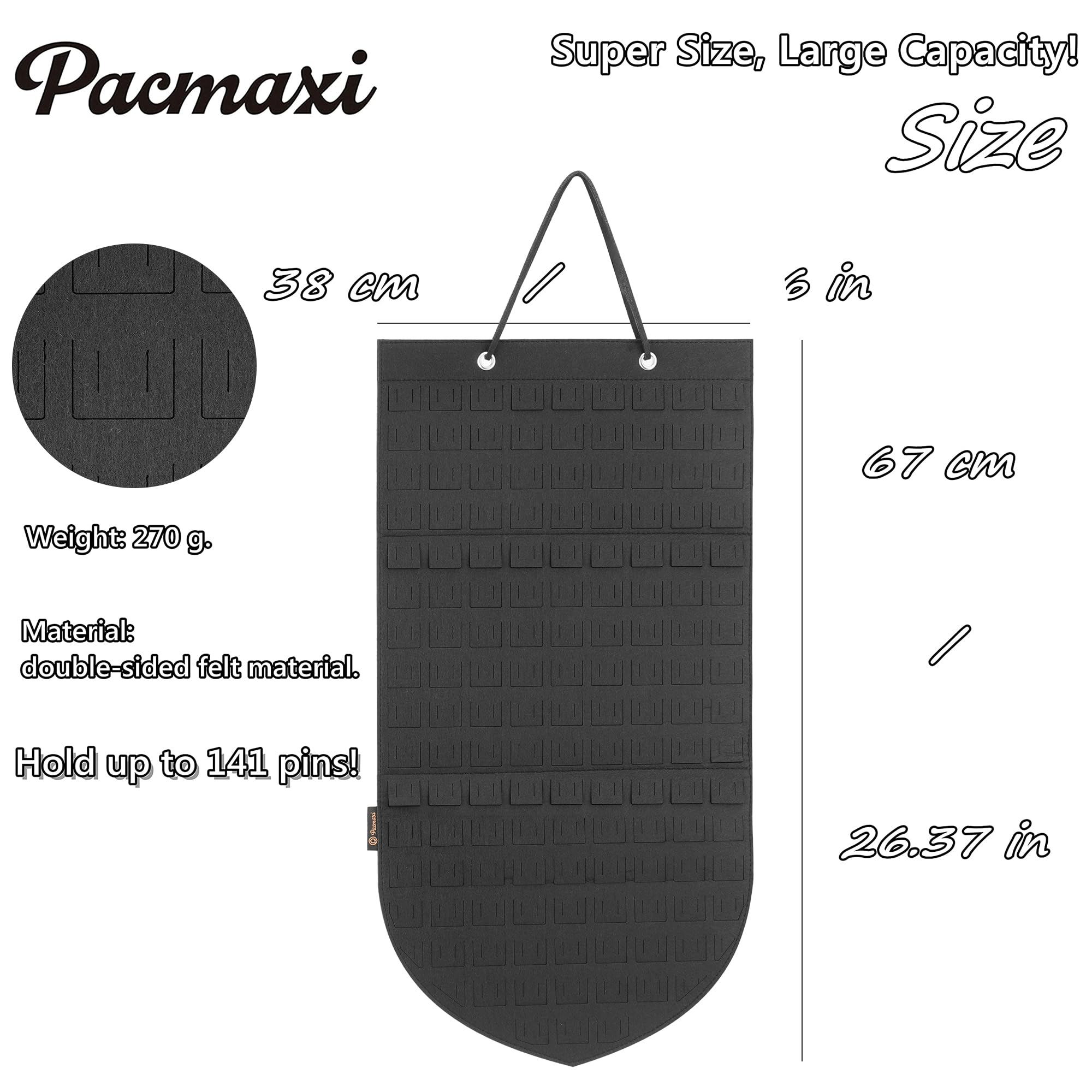 PACMAXI Hanging Brooch Pin Organizer - Display & Storage Case for 96 Pins - Jewelry Collection Holder - Perfect for Brooches, Lapel Pins & Badges (Black, Small) - Ideal for Home, Travel & Gift Organization