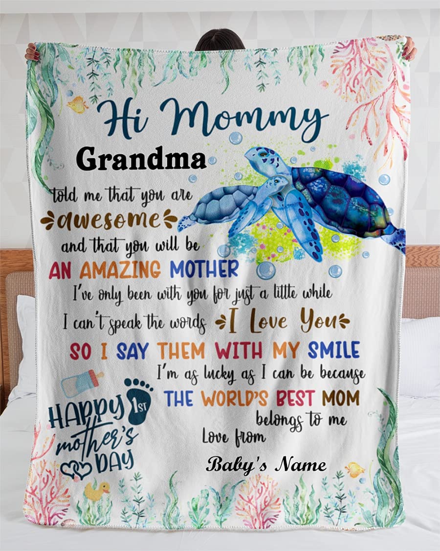 Personalized Mom Blanket with Custom Kids Name - Cute Turtle Design Gift for Mother's Day, Birthday & Anniversary - Cozy Throw for Grandma, Hi Mommy & Awesome Mom Gifts - Perfect for Snuggling, Relaxing & Family Moments
