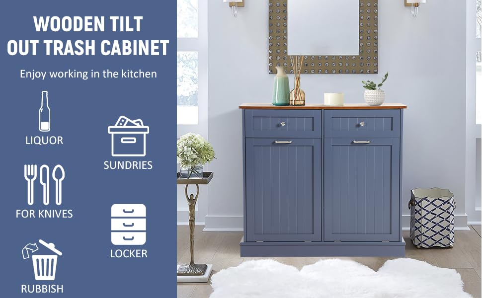 Tilt Out Trash Can Cabinet with Double Hidden Trash Bin Holder - Wooden Free Standing Kitchen Recycling Storage - Dog Proof Trash Can in Blue - Perfect for Small Kitchens, Pantries & Pet-Friendly Homes