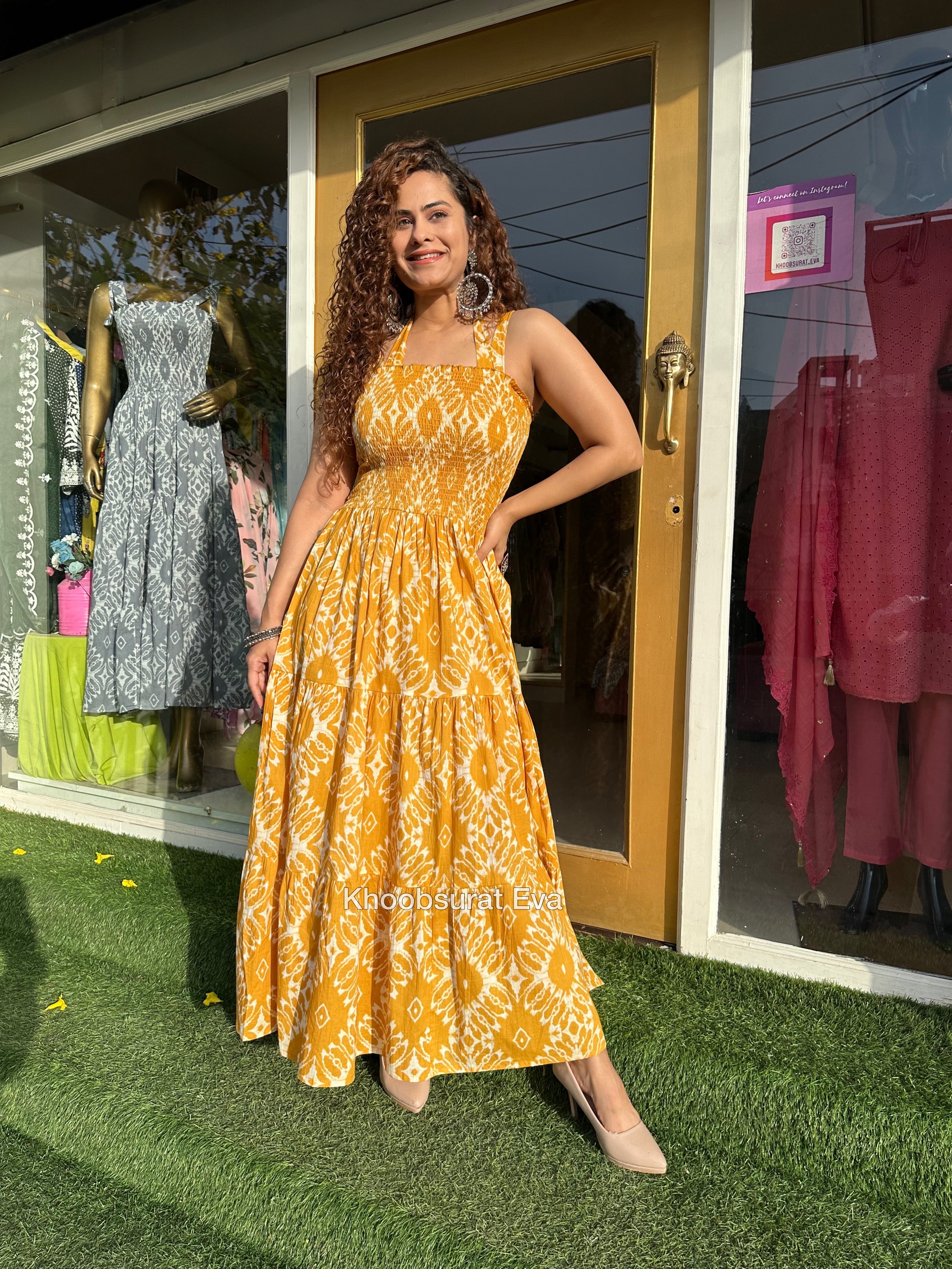 Yellow Cotton Tiered Maxi Dress for Women - Flowy Summer Beach Dress with Pockets | Perfect for Vacations, Weddings & Casual Outings